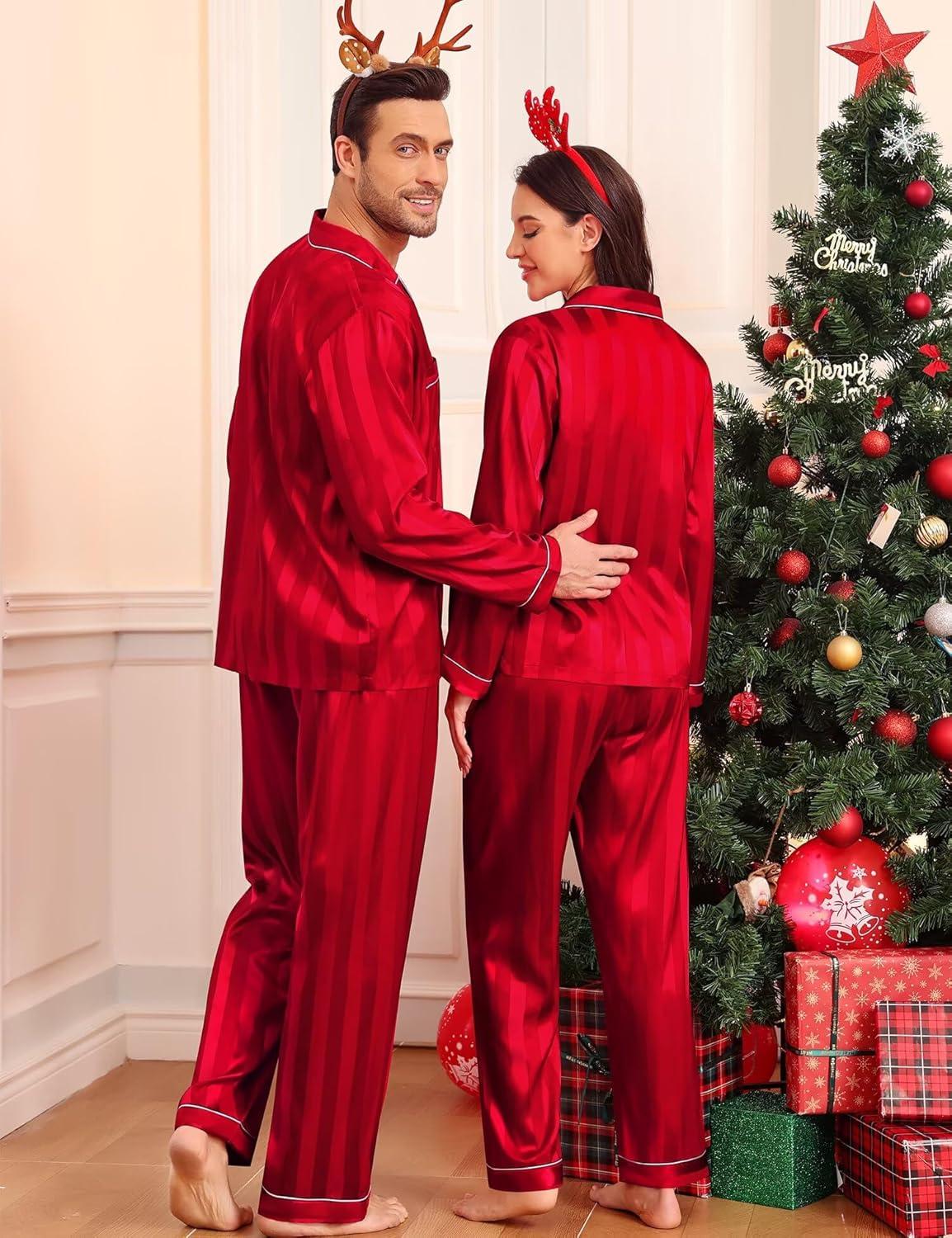 imageSWOMOG Family Matching Pajamas Set Christmas Pajamas Long Sleeve Button Down Pj Set 2Pcs Festival Party SleepwearRed Stripes