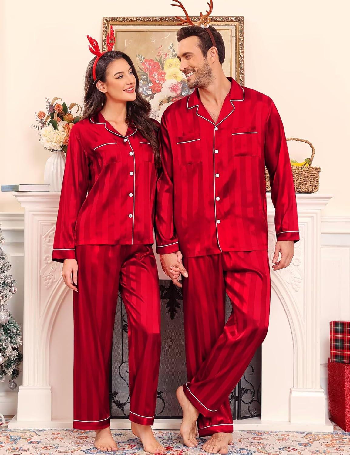 imageSWOMOG Family Matching Pajamas Set Christmas Pajamas Long Sleeve Button Down Pj Set 2Pcs Festival Party SleepwearRed Stripes
