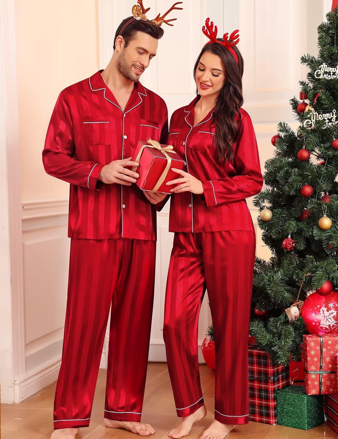 imageSWOMOG Family Matching Pajamas Set Christmas Pajamas Long Sleeve Button Down Pj Set 2Pcs Festival Party SleepwearRed Stripes