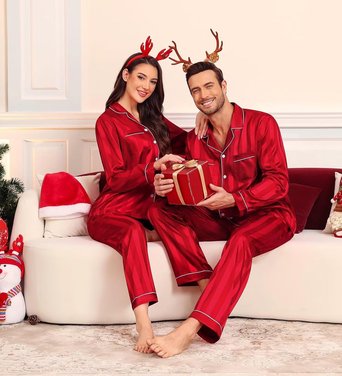 imageSWOMOG Family Matching Pajamas Set Christmas Pajamas Long Sleeve Button Down Pj Set 2Pcs Festival Party SleepwearRed Stripes