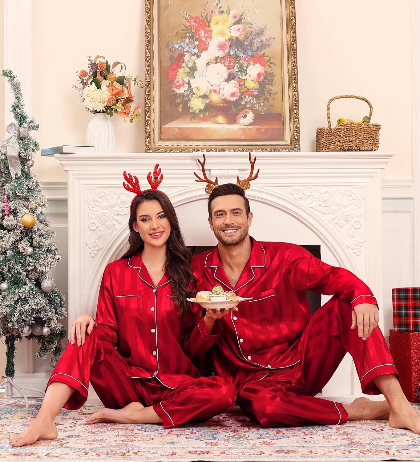 imageSWOMOG Family Matching Pajamas Set Christmas Pajamas Long Sleeve Button Down Pj Set 2Pcs Festival Party SleepwearRed Stripes