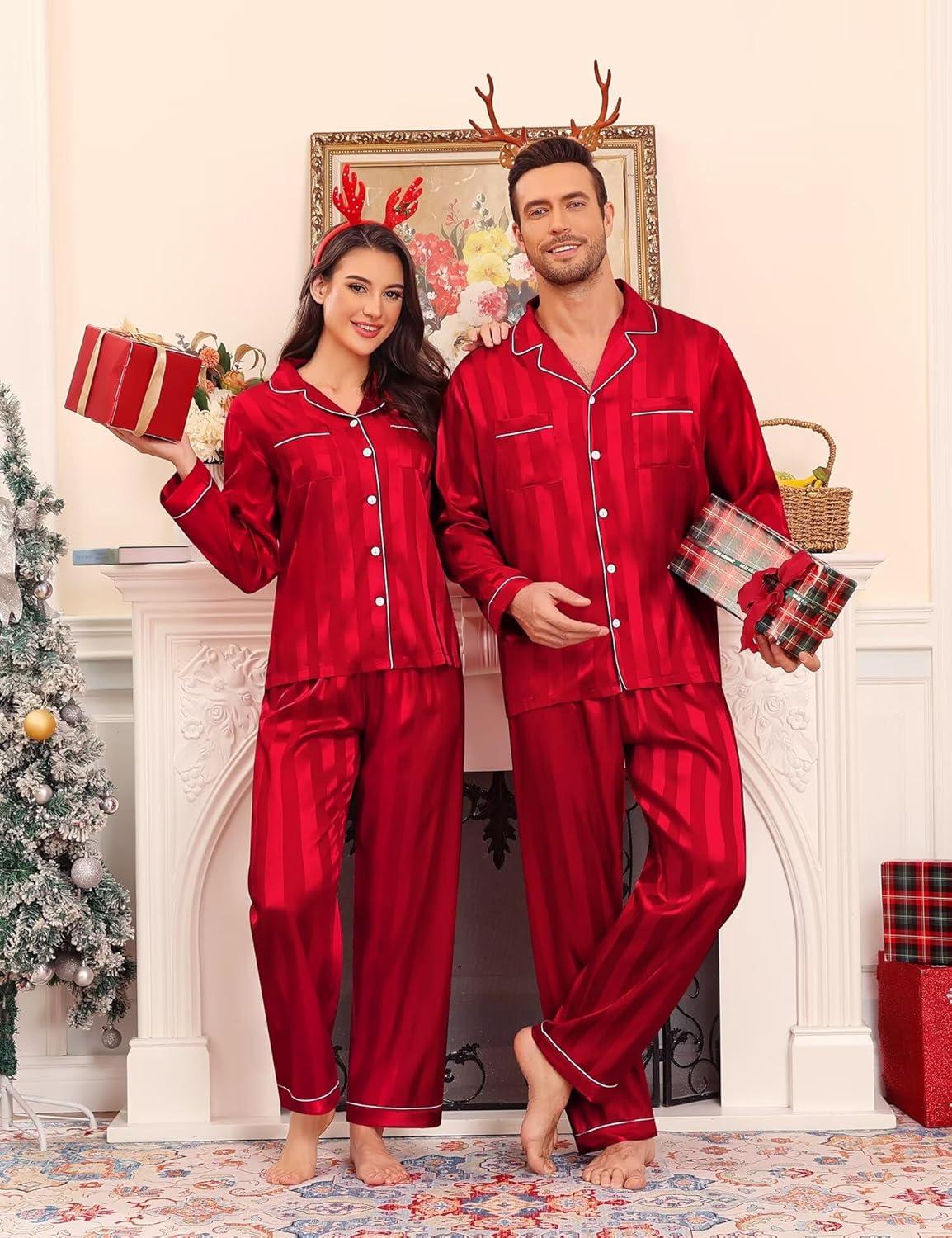 imageSWOMOG Family Matching Pajamas Set Christmas Pajamas Long Sleeve Button Down Pj Set 2Pcs Festival Party SleepwearRed Stripes