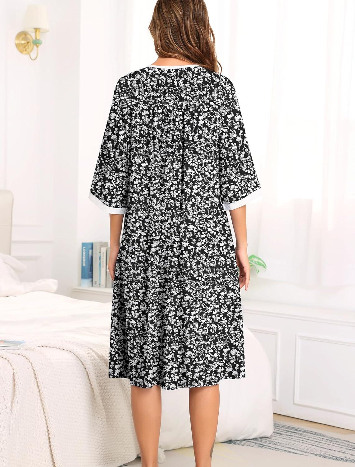 imageSWOMOG House Dress for Women Snap Front Dusters for Women with Pockets 34 Sleeve Cotton Nightgown SXXXLBlack Flower