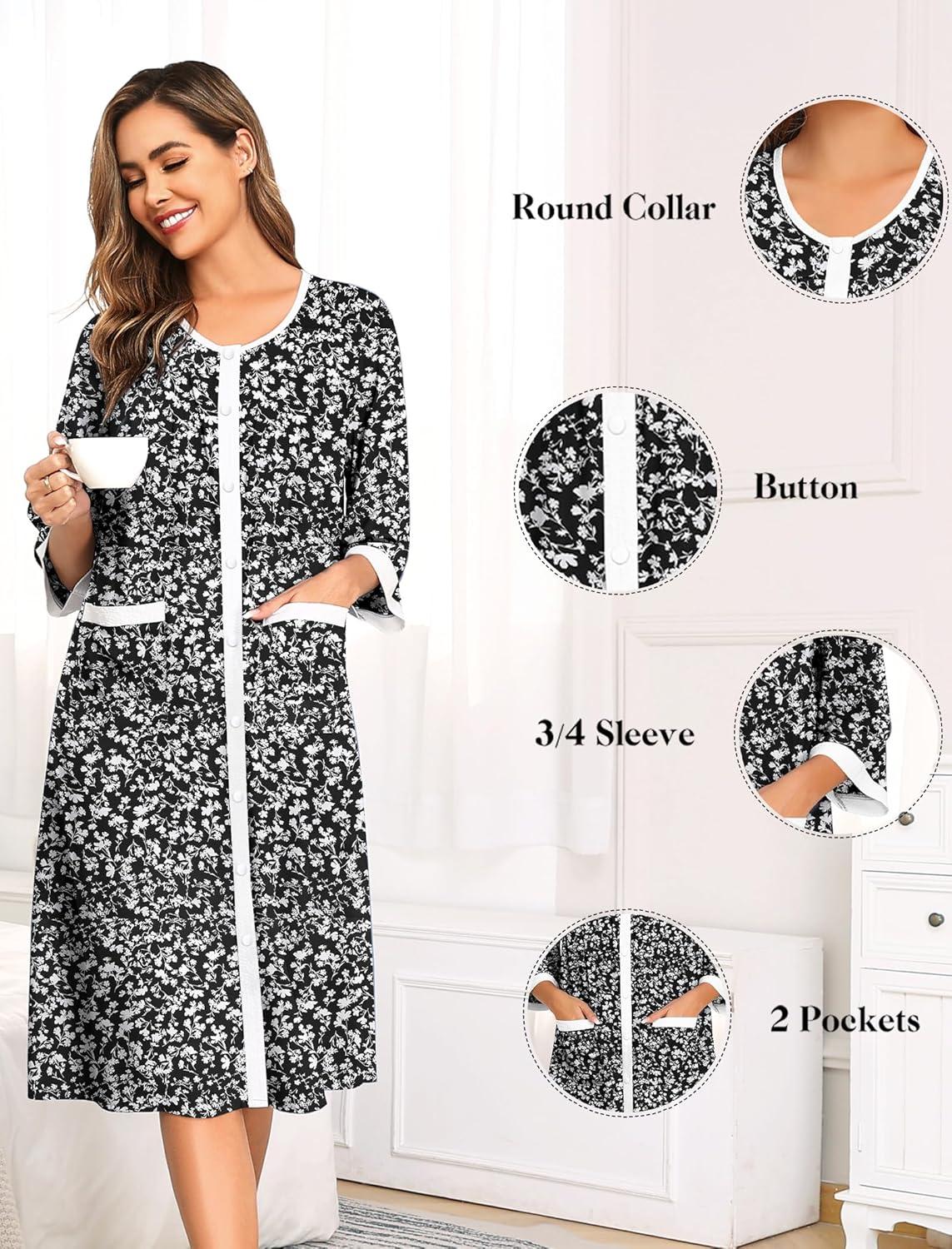 imageSWOMOG House Dress for Women Snap Front Dusters for Women with Pockets 34 Sleeve Cotton Nightgown SXXXLBlack Flower