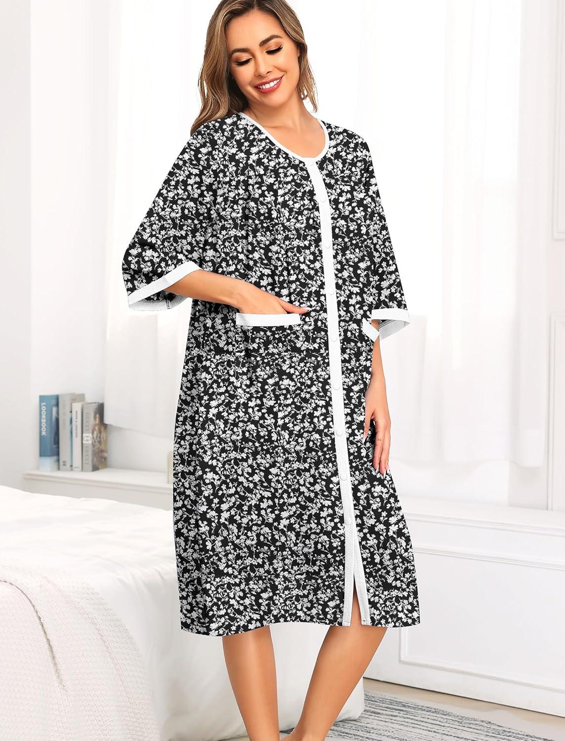 imageSWOMOG House Dress for Women Snap Front Dusters for Women with Pockets 34 Sleeve Cotton Nightgown SXXXLBlack Flower