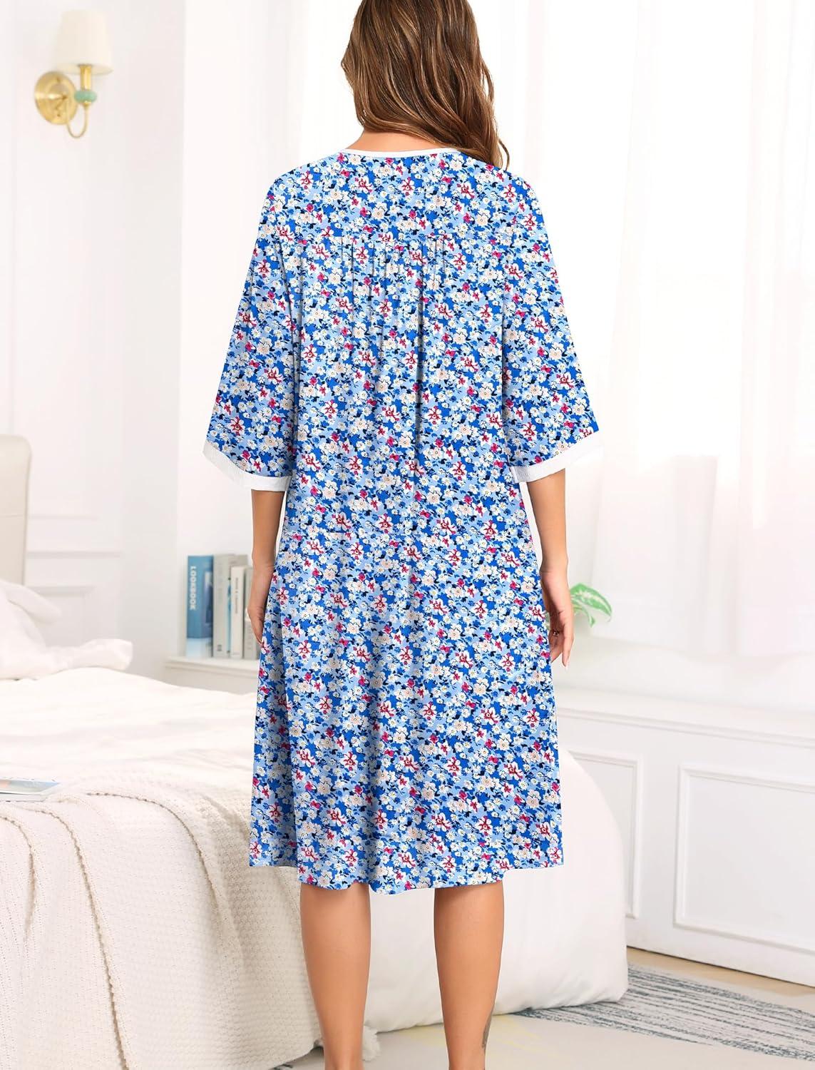 imageSWOMOG House Dress for Women Snap Front Dusters for Women with Pockets 34 Sleeve Cotton Nightgown SXXXLLight Blue Flower