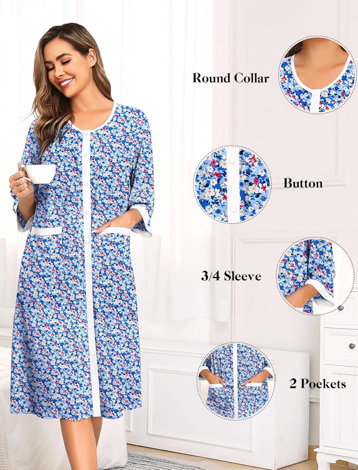 imageSWOMOG House Dress for Women Snap Front Dusters for Women with Pockets 34 Sleeve Cotton Nightgown SXXXLLight Blue Flower