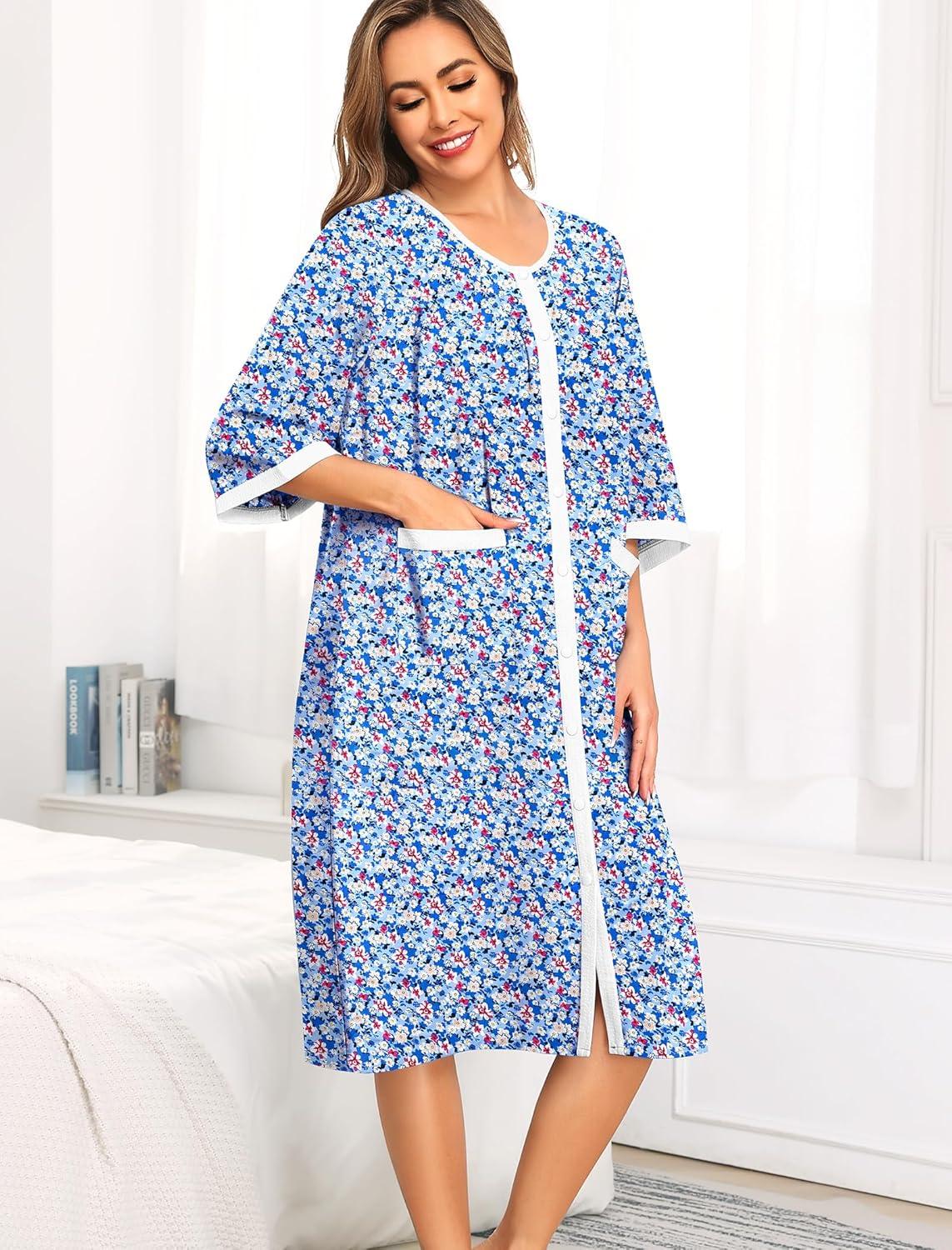 imageSWOMOG House Dress for Women Snap Front Dusters for Women with Pockets 34 Sleeve Cotton Nightgown SXXXLLight Blue Flower