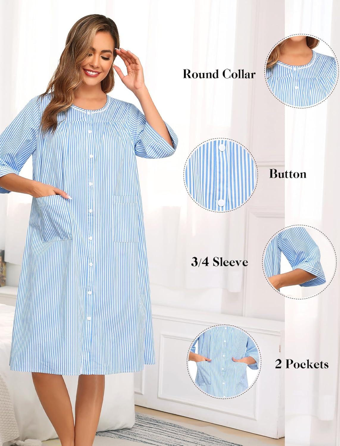 imageSWOMOG House Dress for Women Snap Front Dusters for Women with Pockets 34 Sleeve Cotton Nightgown SXXXLStriped Lightblue