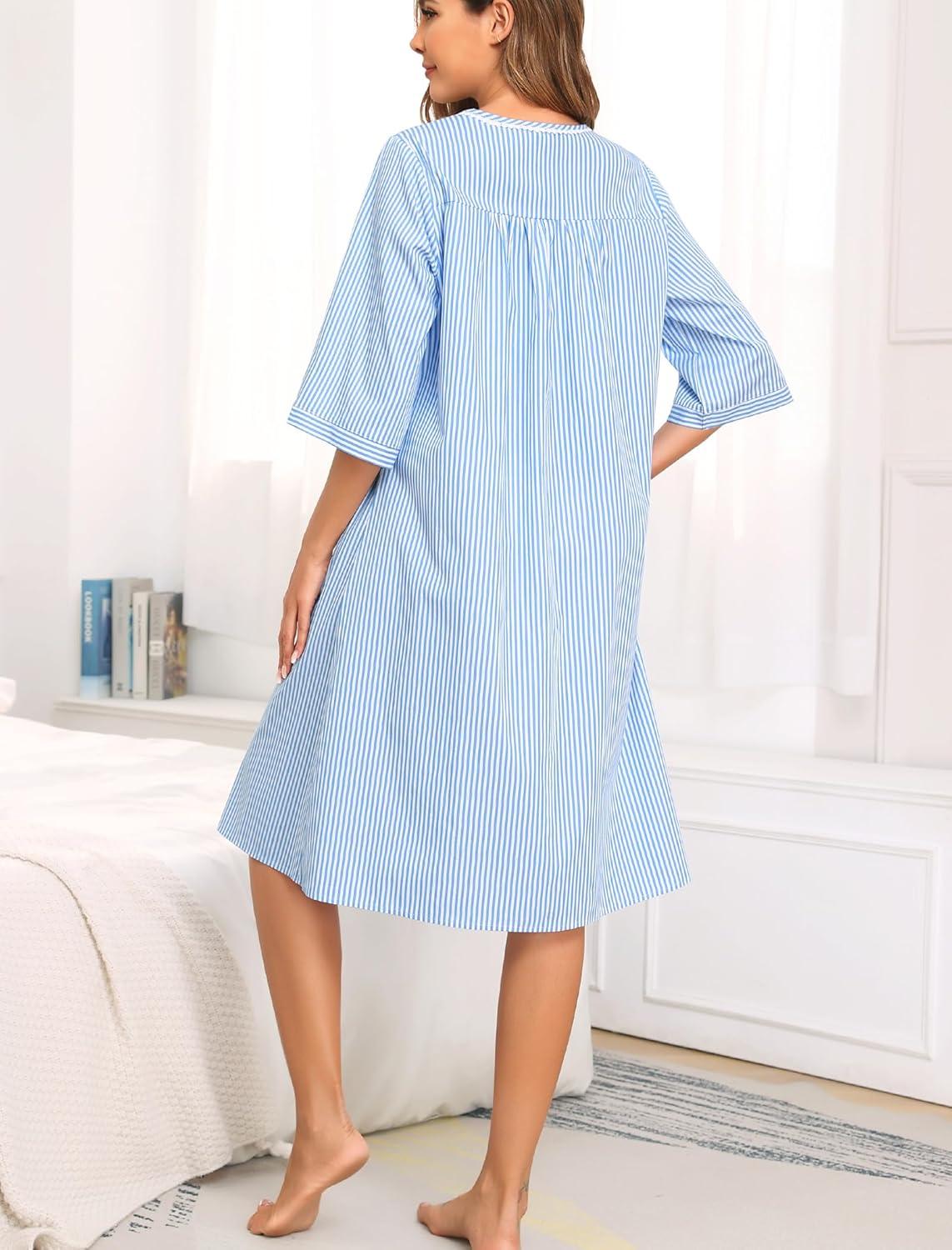imageSWOMOG House Dress for Women Snap Front Dusters for Women with Pockets 34 Sleeve Cotton Nightgown SXXXLStriped Lightblue