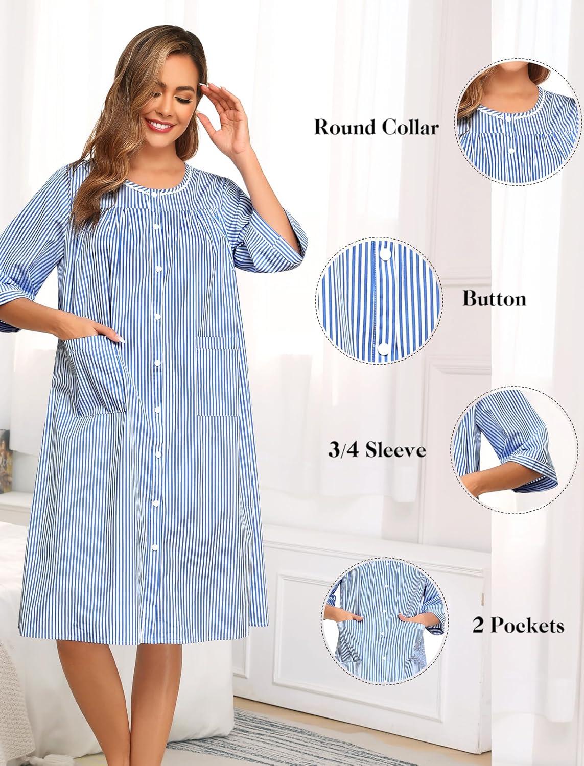 imageSWOMOG House Dress for Women Snap Front Dusters for Women with Pockets 34 Sleeve Cotton Nightgown SXXXLStriped Navyblue