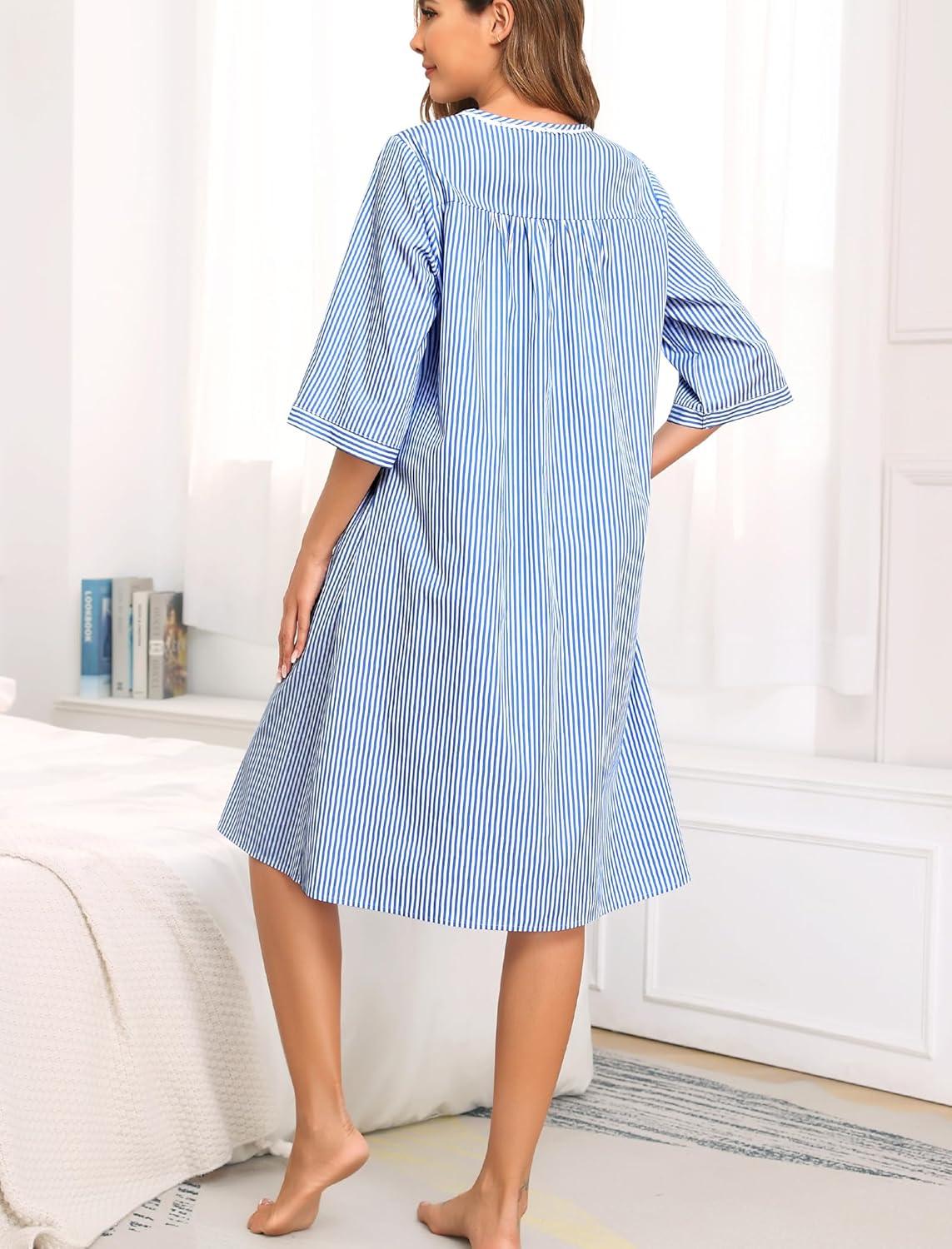 imageSWOMOG House Dress for Women Snap Front Dusters for Women with Pockets 34 Sleeve Cotton Nightgown SXXXLStriped Navyblue