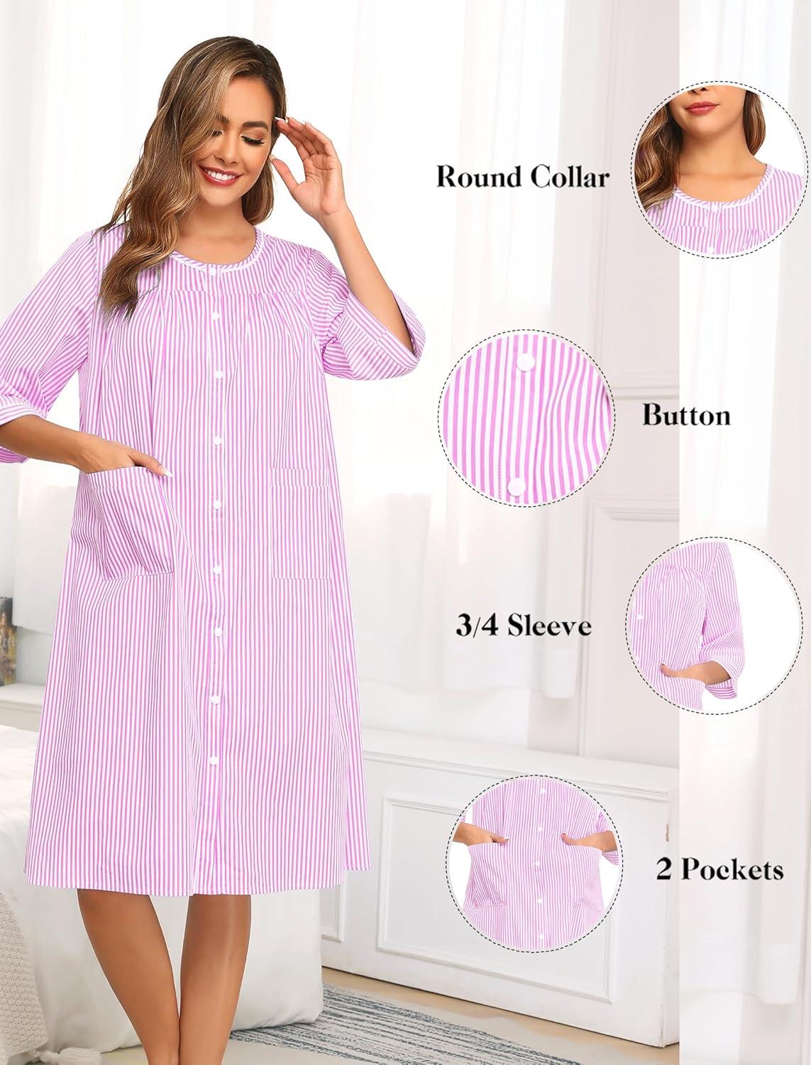 imageSWOMOG House Dress for Women Snap Front Dusters for Women with Pockets 34 Sleeve Cotton Nightgown SXXXLStriped Pink