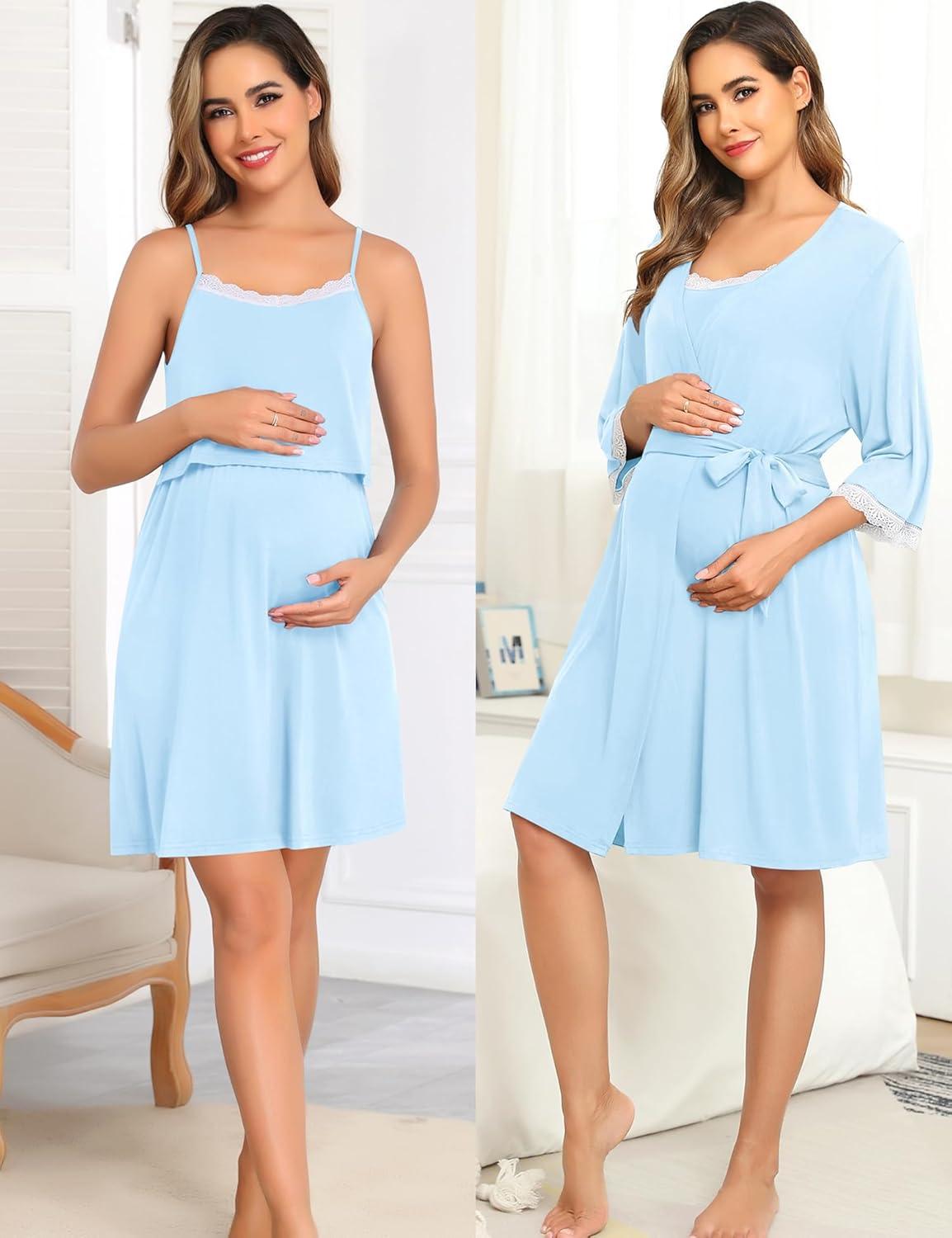 imageSWOMOG Lace Maternity Nursing Gown and Robe Set Double Layer Labor Delivery Nursing Hospital Nightgowns for BreastfeedingBaby Blue
