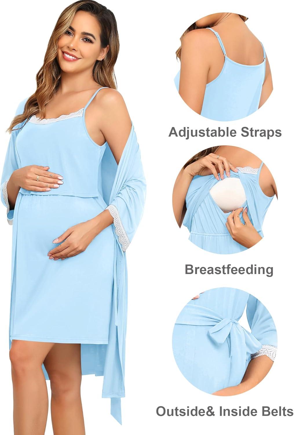 imageSWOMOG Lace Maternity Nursing Gown and Robe Set Double Layer Labor Delivery Nursing Hospital Nightgowns for BreastfeedingBaby Blue