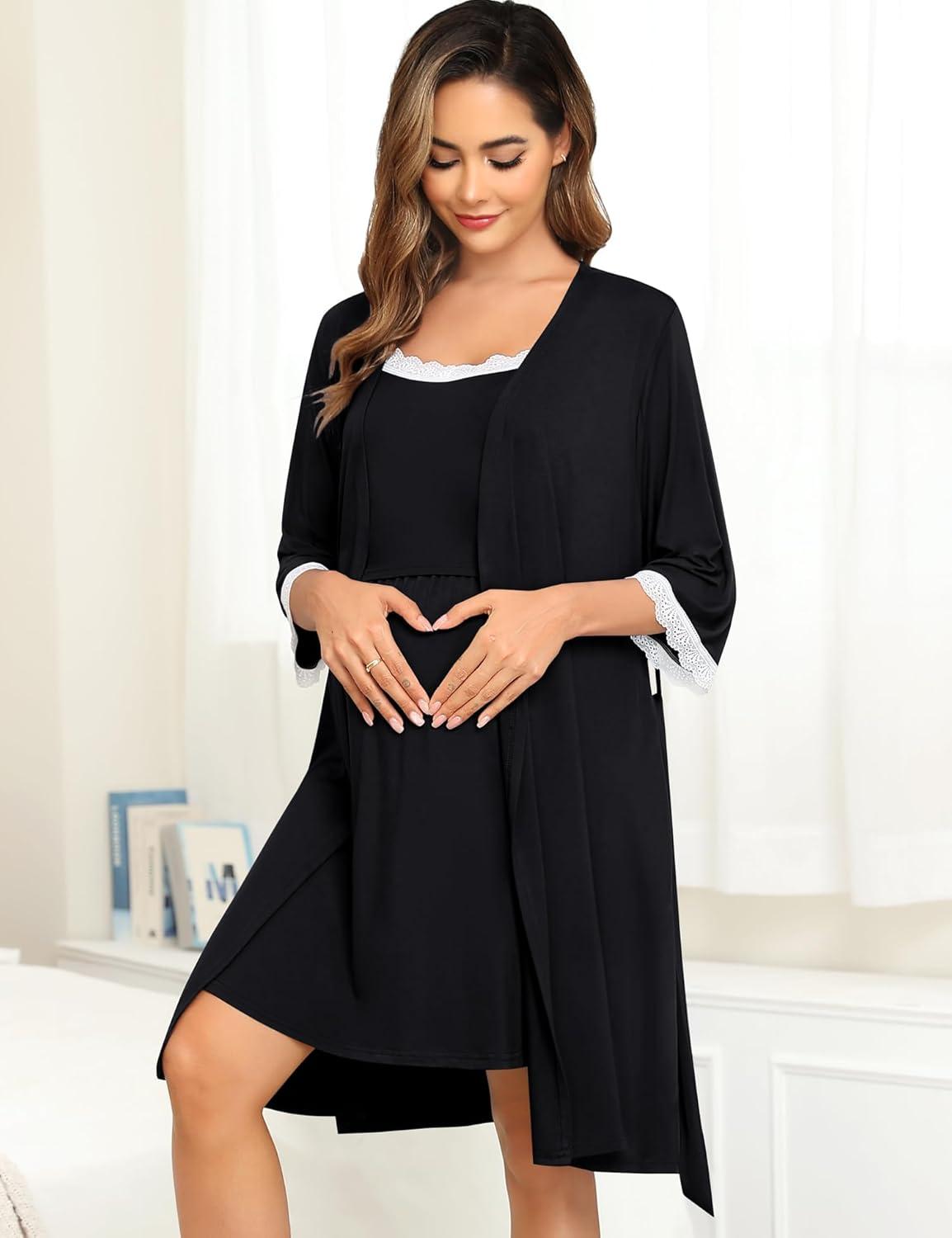 imageSWOMOG Lace Maternity Nursing Gown and Robe Set Double Layer Labor Delivery Nursing Hospital Nightgowns for BreastfeedingBlack