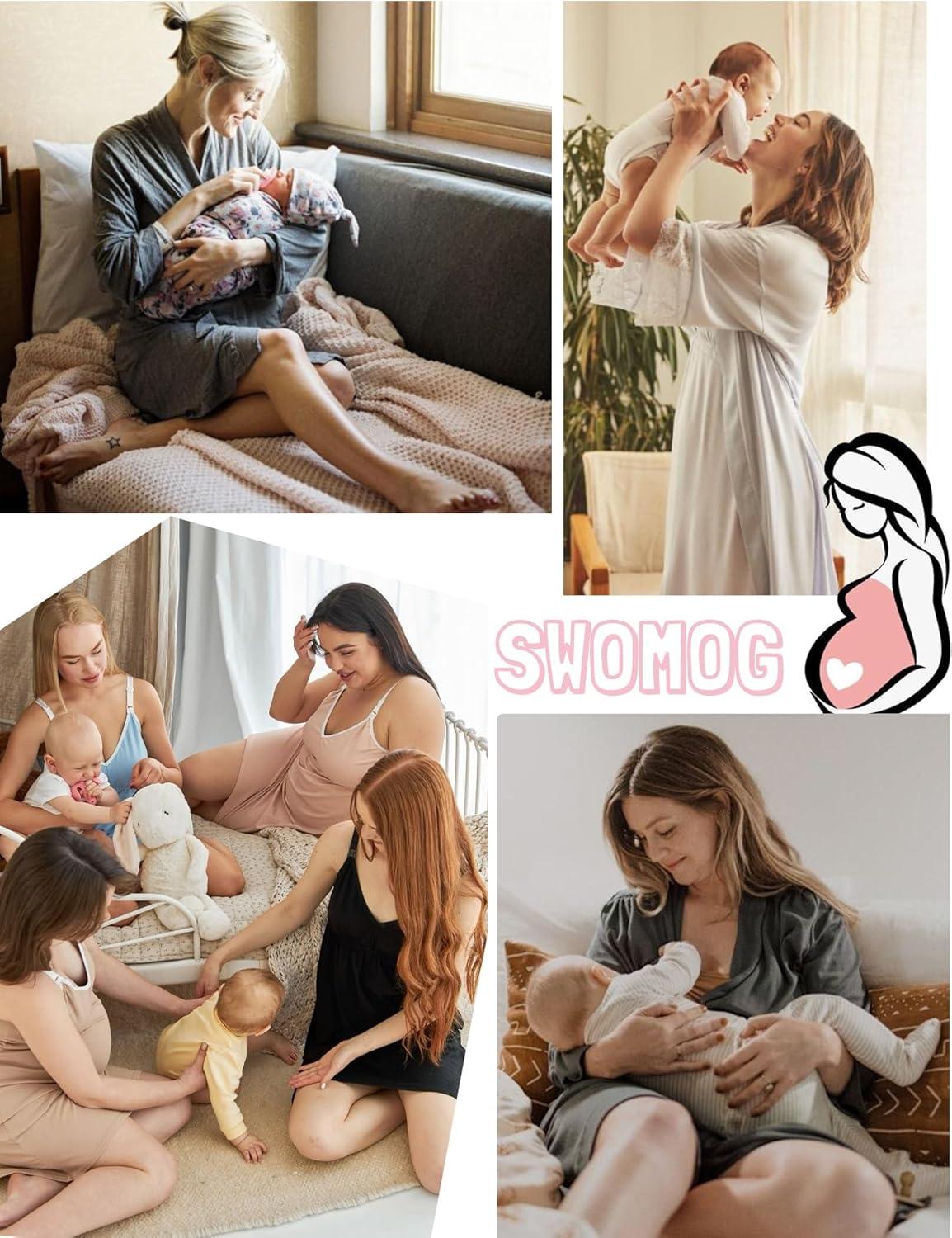 imageSWOMOG Lace Maternity Nursing Gown and Robe Set Double Layer Labor Delivery Nursing Hospital Nightgowns for BreastfeedingBlack