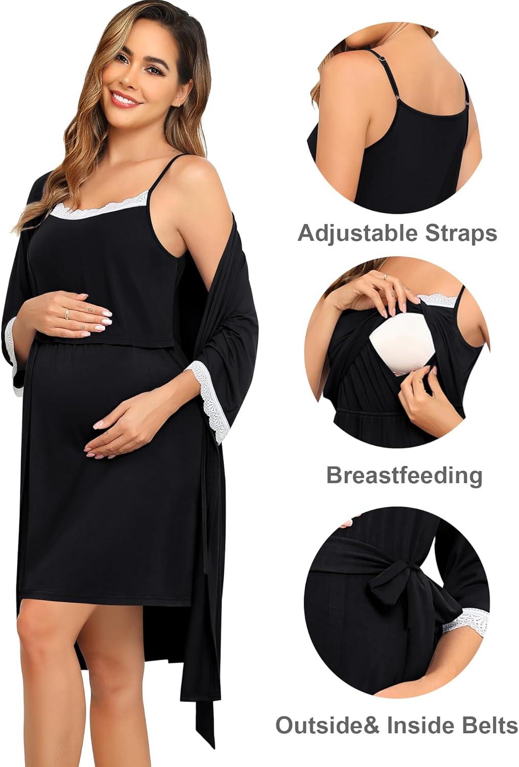 imageSWOMOG Lace Maternity Nursing Gown and Robe Set Double Layer Labor Delivery Nursing Hospital Nightgowns for BreastfeedingBlack