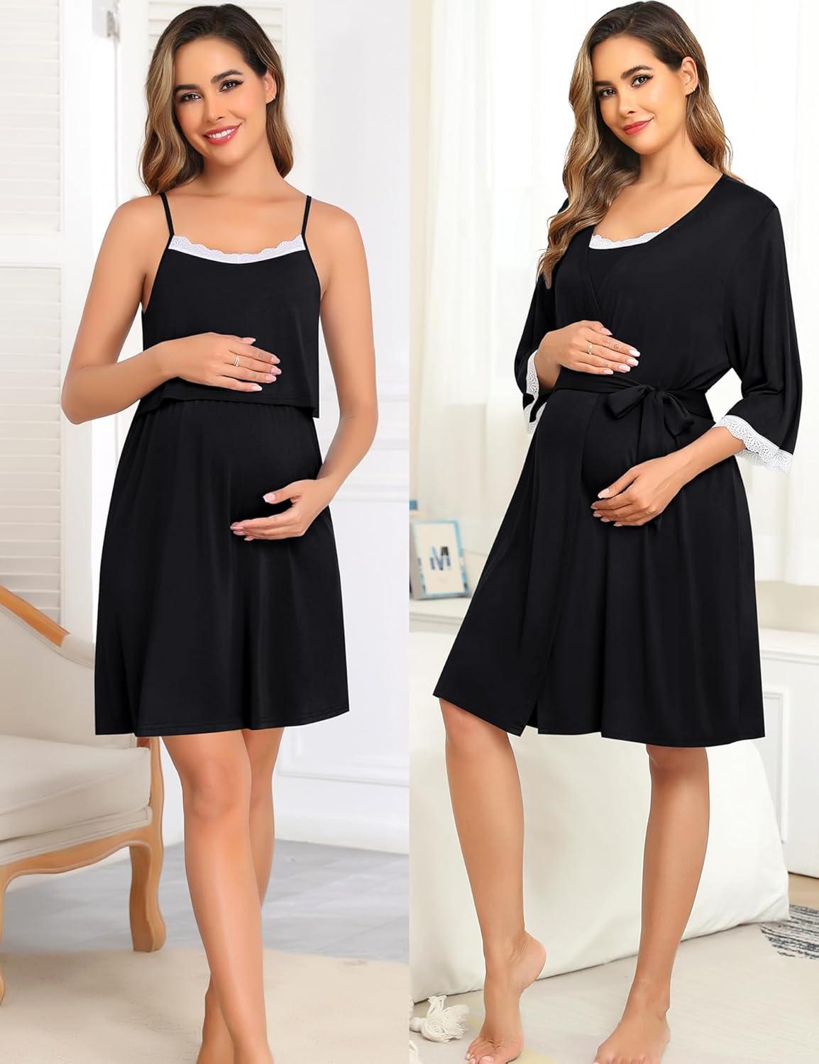 imageSWOMOG Lace Maternity Nursing Gown and Robe Set Double Layer Labor Delivery Nursing Hospital Nightgowns for BreastfeedingBlack