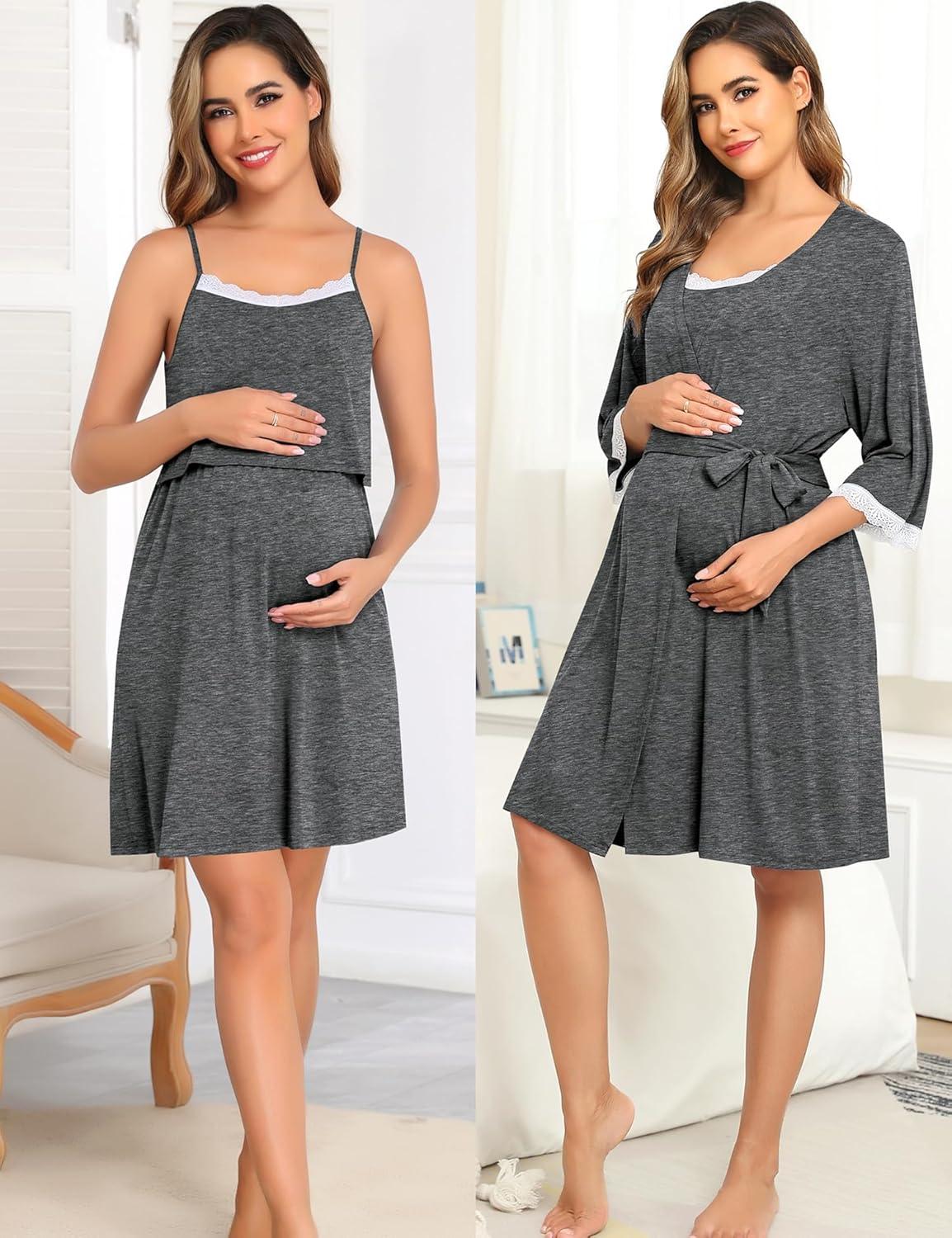 imageSWOMOG Lace Maternity Nursing Gown and Robe Set Double Layer Labor Delivery Nursing Hospital Nightgowns for BreastfeedingDeep Grey