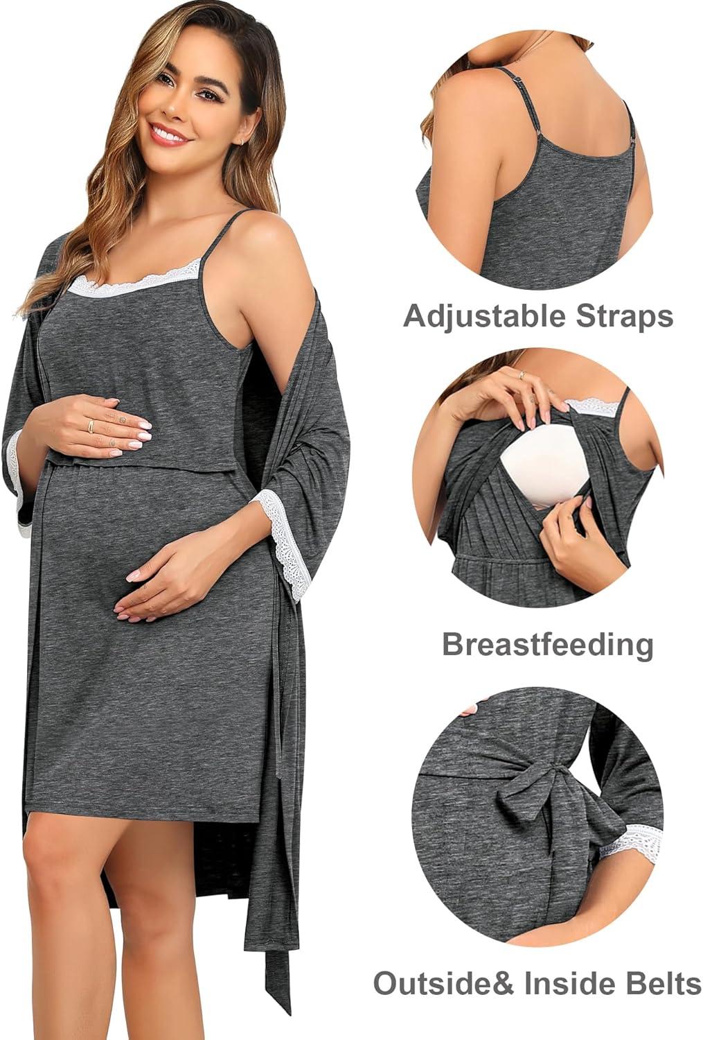 imageSWOMOG Lace Maternity Nursing Gown and Robe Set Double Layer Labor Delivery Nursing Hospital Nightgowns for BreastfeedingDeep Grey