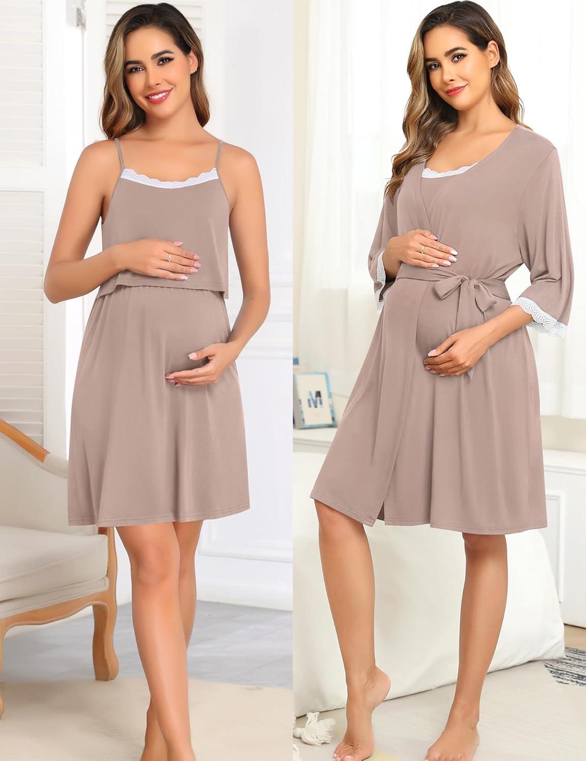 imageSWOMOG Lace Maternity Nursing Gown and Robe Set Double Layer Labor Delivery Nursing Hospital Nightgowns for BreastfeedingLight Brown