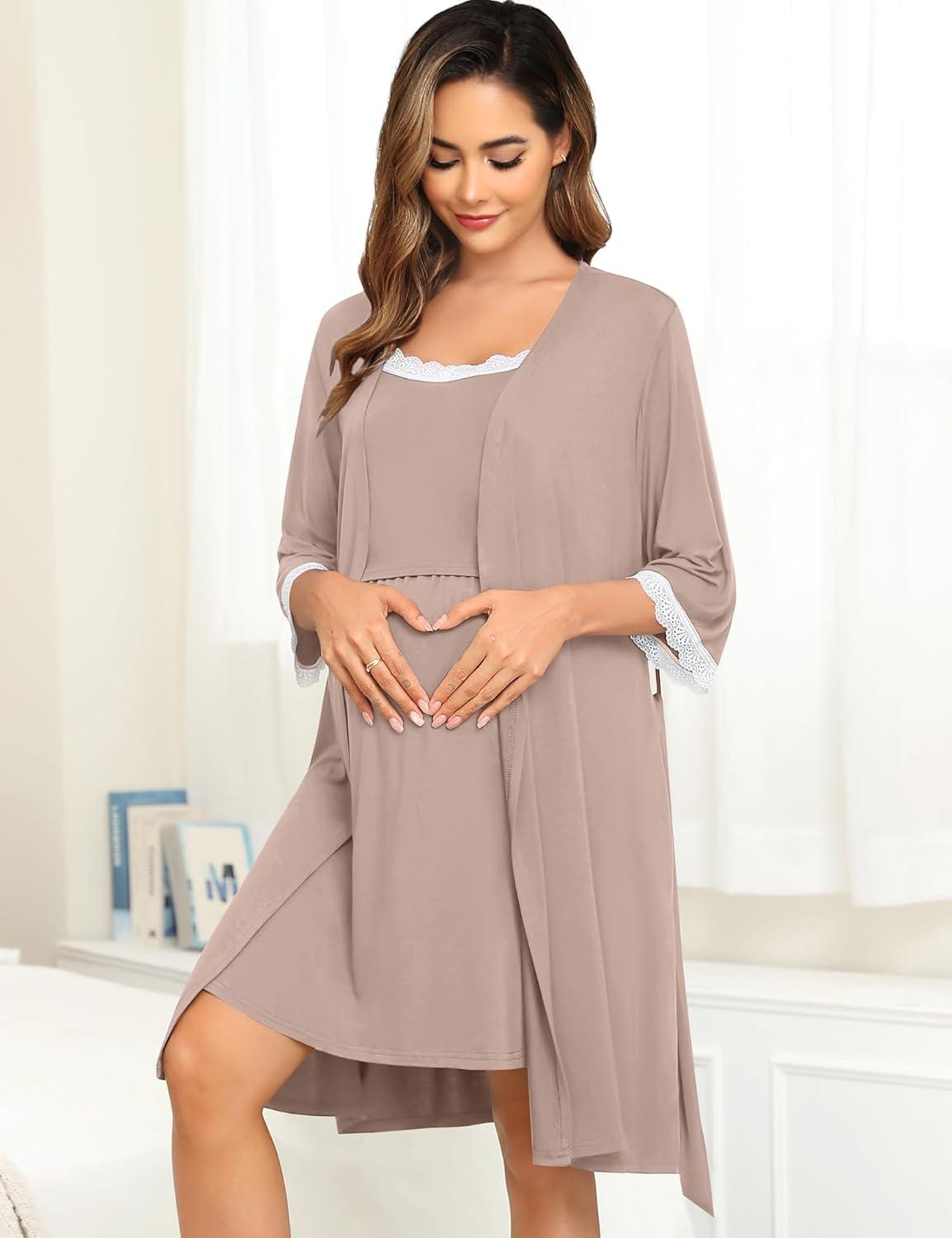 imageSWOMOG Lace Maternity Nursing Gown and Robe Set Double Layer Labor Delivery Nursing Hospital Nightgowns for BreastfeedingLight Brown