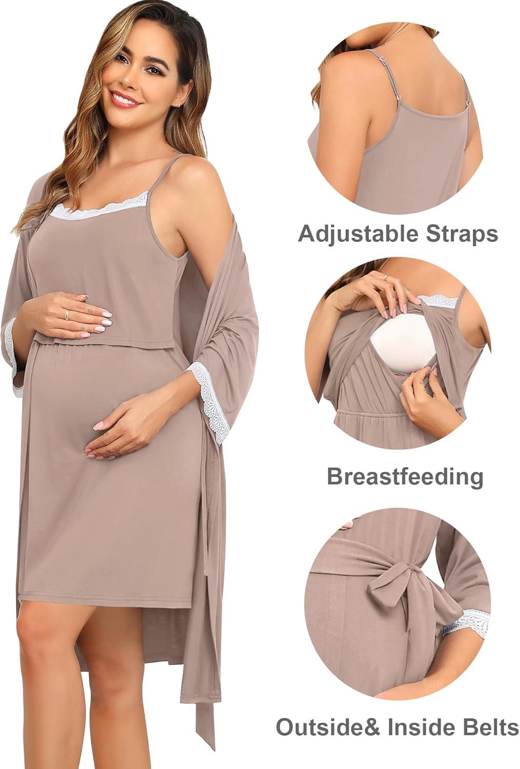 imageSWOMOG Lace Maternity Nursing Gown and Robe Set Double Layer Labor Delivery Nursing Hospital Nightgowns for BreastfeedingLight Brown