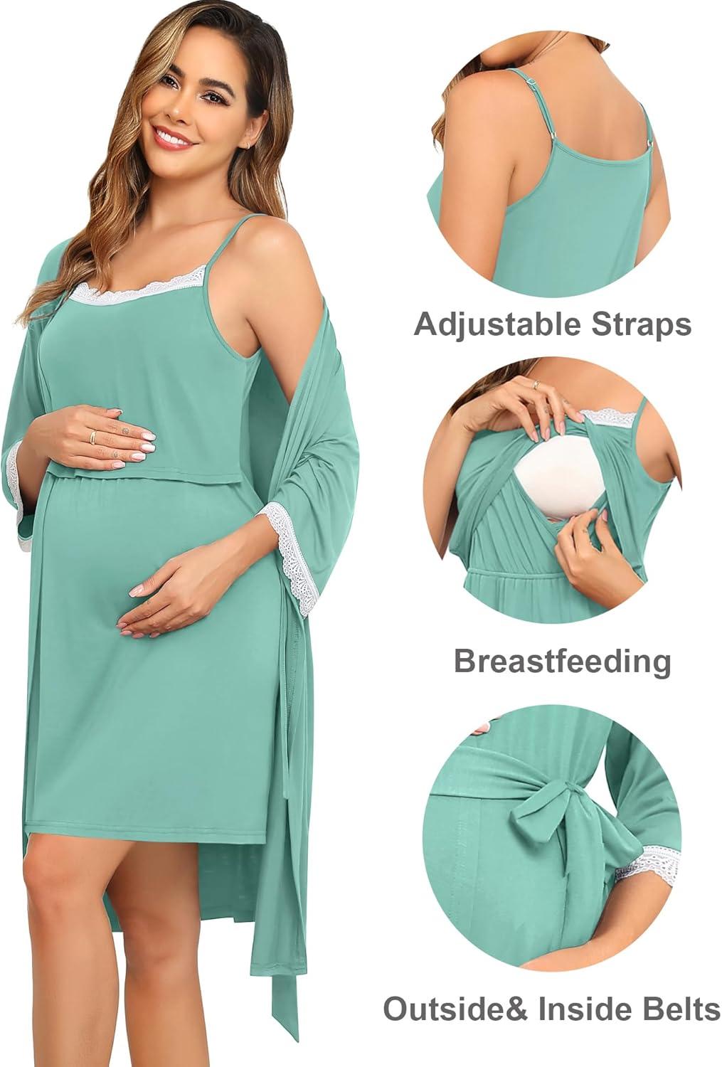 imageSWOMOG Lace Maternity Nursing Gown and Robe Set Double Layer Labor Delivery Nursing Hospital Nightgowns for BreastfeedingSage Green