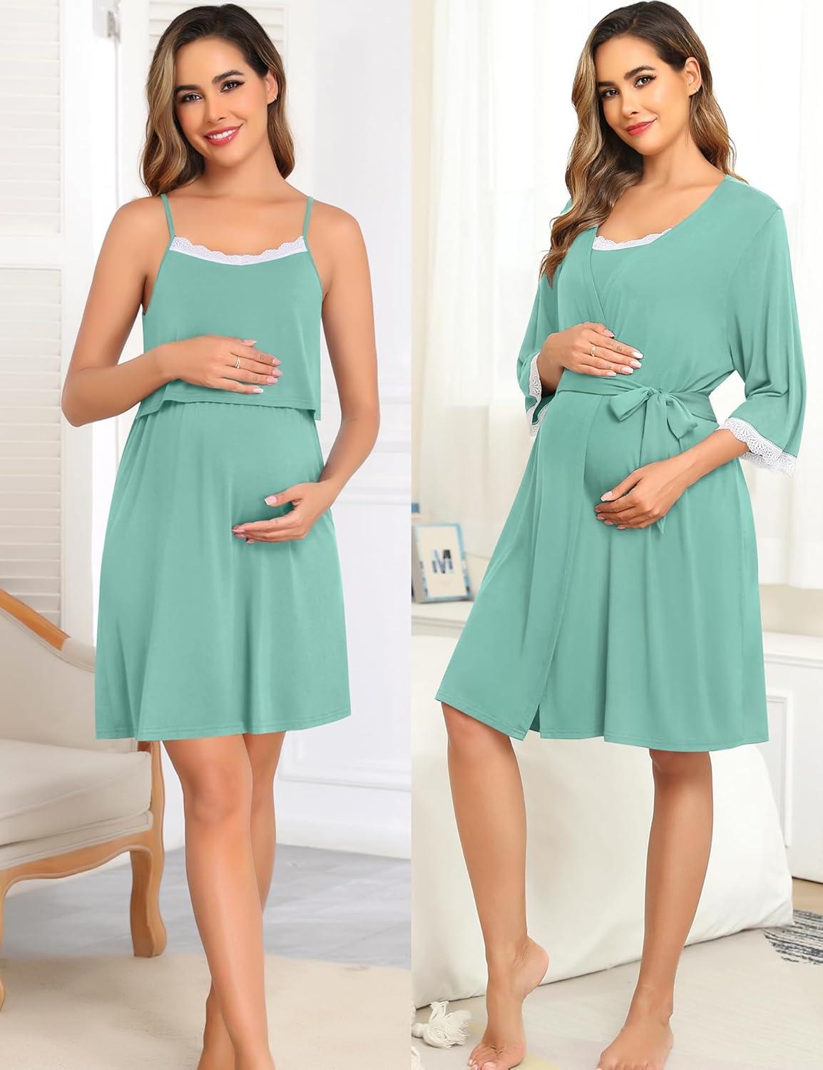 imageSWOMOG Lace Maternity Nursing Gown and Robe Set Double Layer Labor Delivery Nursing Hospital Nightgowns for BreastfeedingSage Green
