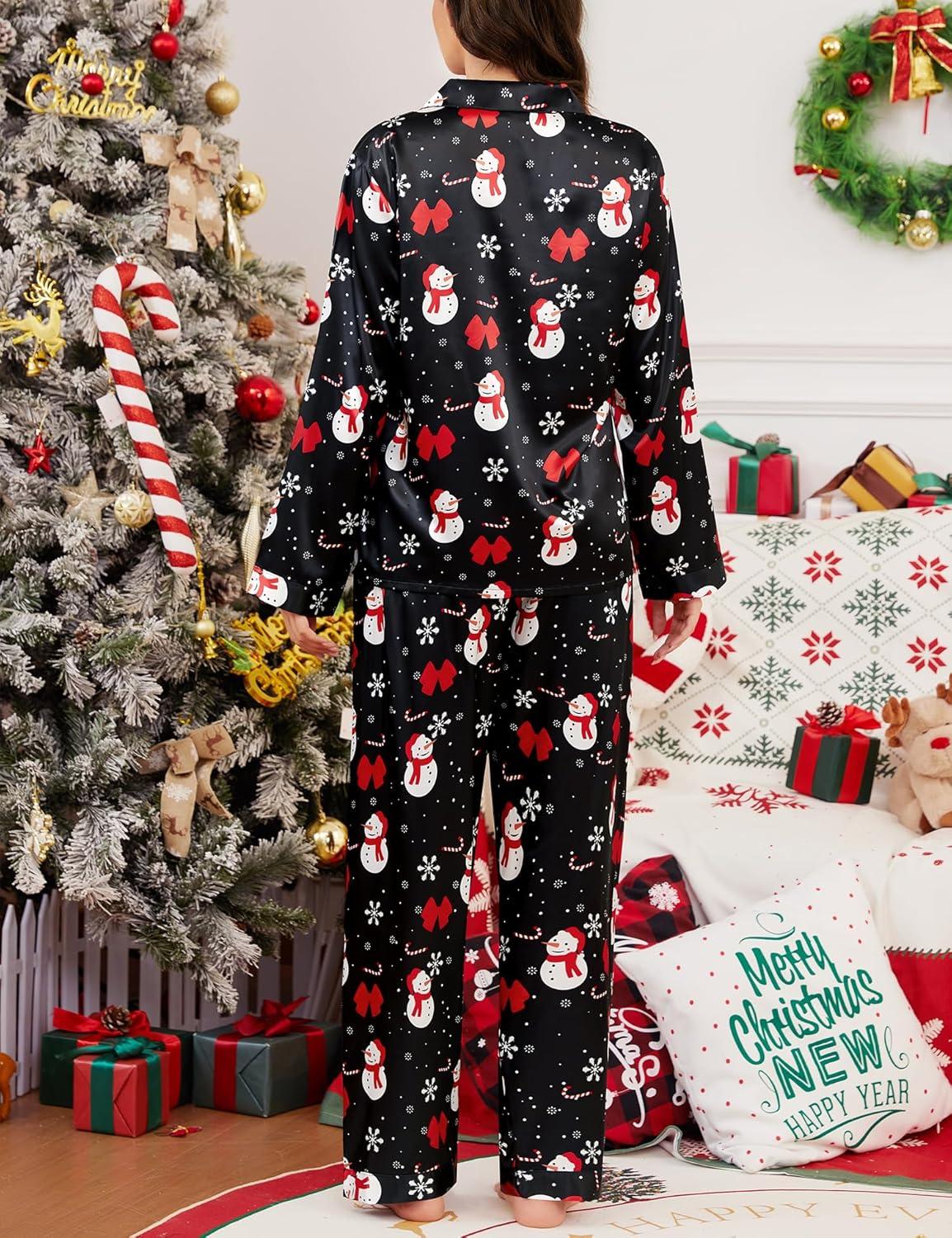 imageSWOMOG Long Sleeve Pajamas Set Silk Satin Sleepwear Button Down Pjs Loungewear with PocketChristmas Black