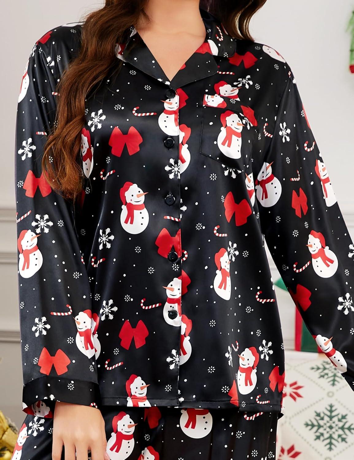 imageSWOMOG Long Sleeve Pajamas Set Silk Satin Sleepwear Button Down Pjs Loungewear with PocketChristmas Black