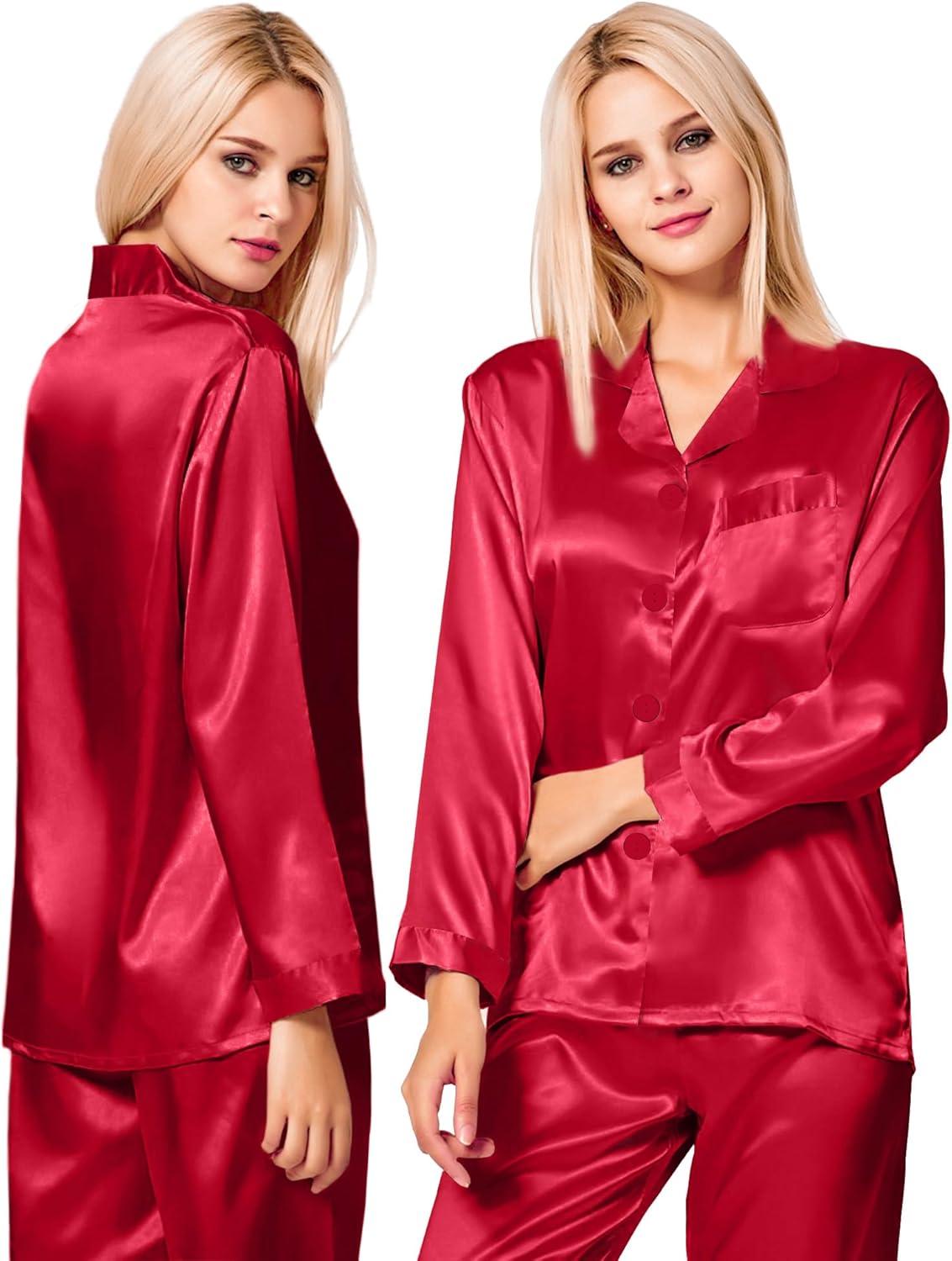imageSWOMOG Long Sleeve Pajamas Set Silk Satin Sleepwear Button Down Pjs Loungewear with PocketChristmas Red