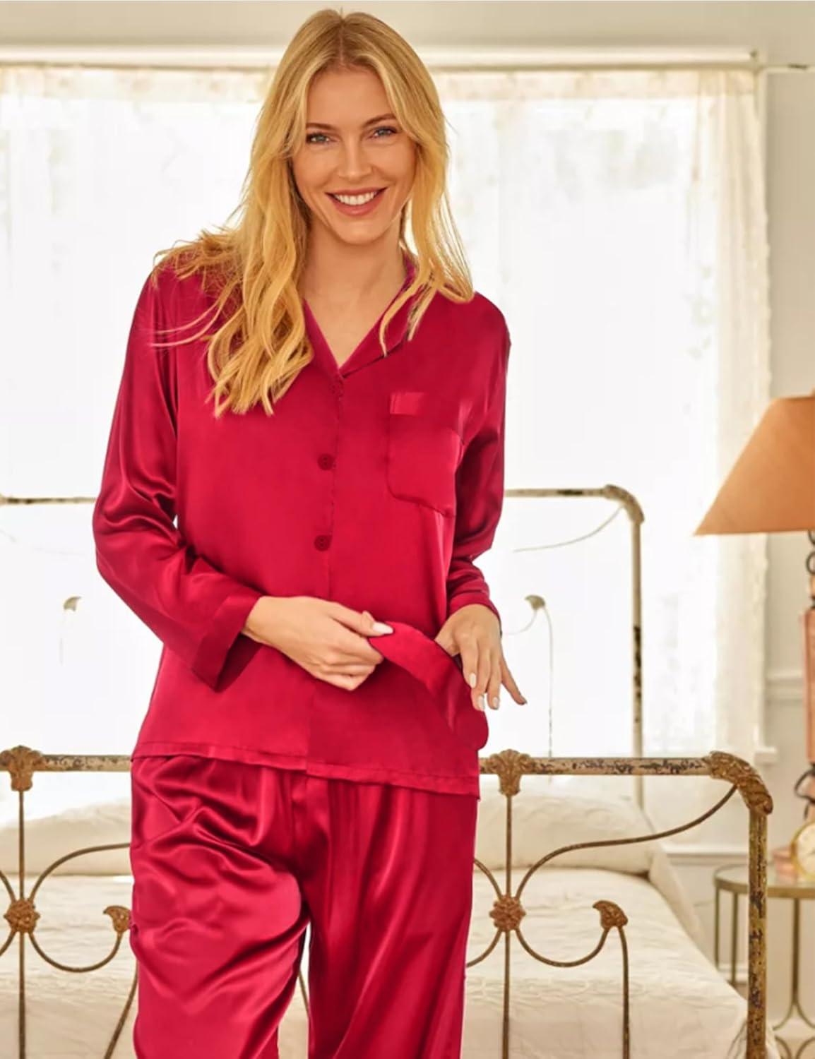 imageSWOMOG Long Sleeve Pajamas Set Silk Satin Sleepwear Button Down Pjs Loungewear with PocketChristmas Red