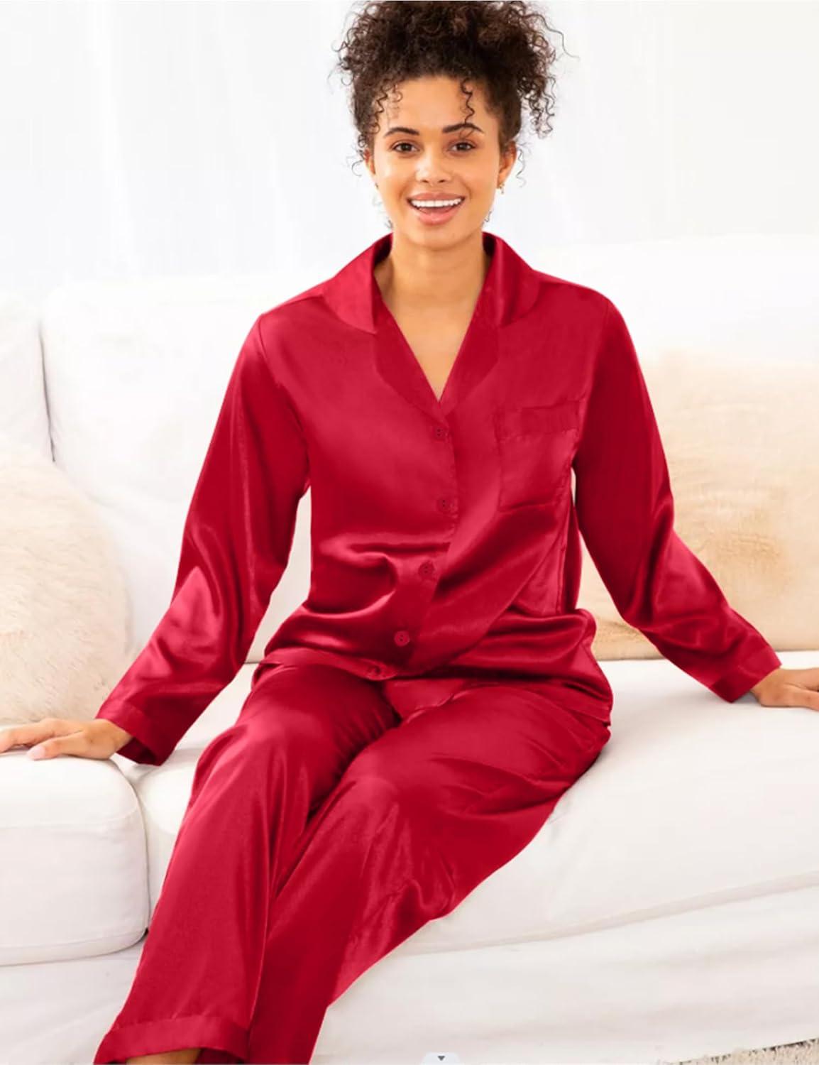 imageSWOMOG Long Sleeve Pajamas Set Silk Satin Sleepwear Button Down Pjs Loungewear with PocketChristmas Red