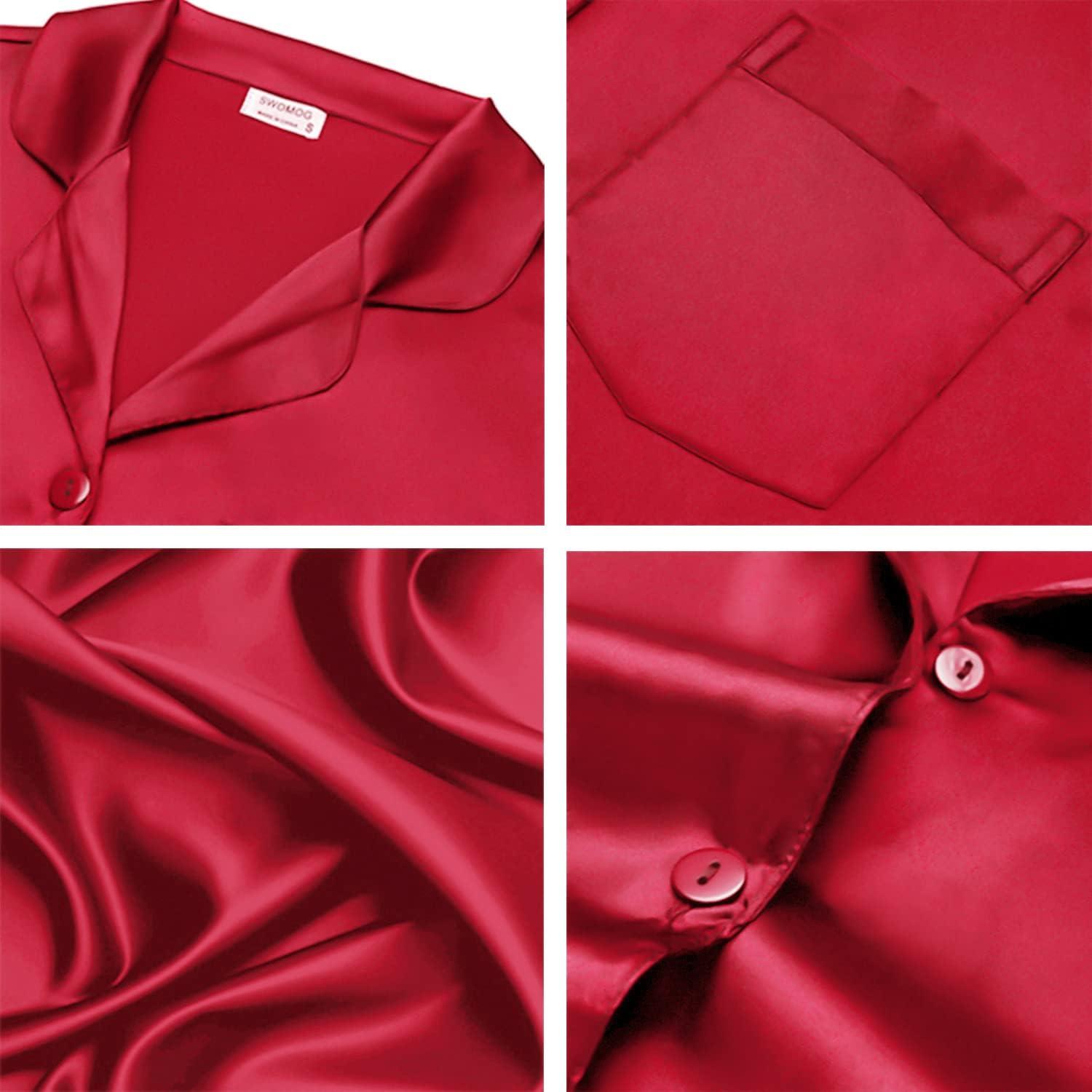 imageSWOMOG Long Sleeve Pajamas Set Silk Satin Sleepwear Button Down Pjs Loungewear with PocketChristmas Red
