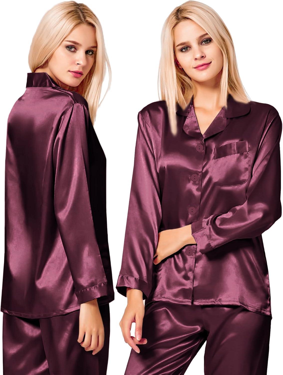imageSWOMOG Long Sleeve Pajamas Set Silk Satin Sleepwear Button Down Pjs Loungewear with PocketDeep Wine Red