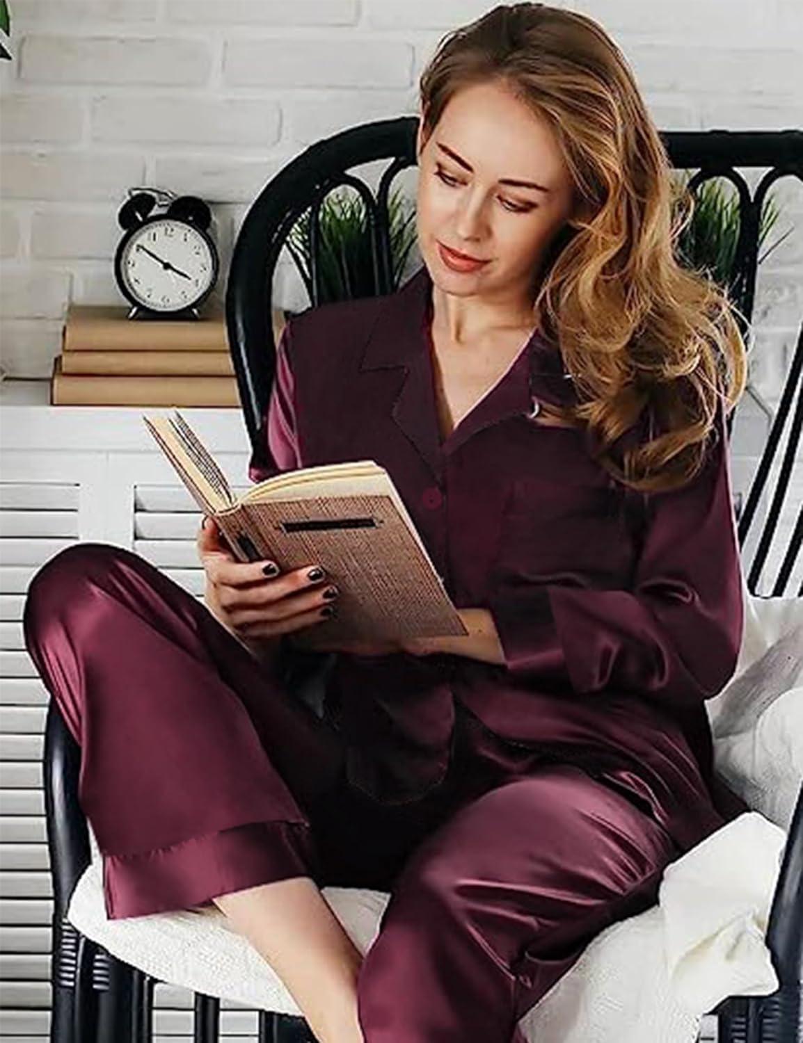 imageSWOMOG Long Sleeve Pajamas Set Silk Satin Sleepwear Button Down Pjs Loungewear with PocketDeep Wine Red
