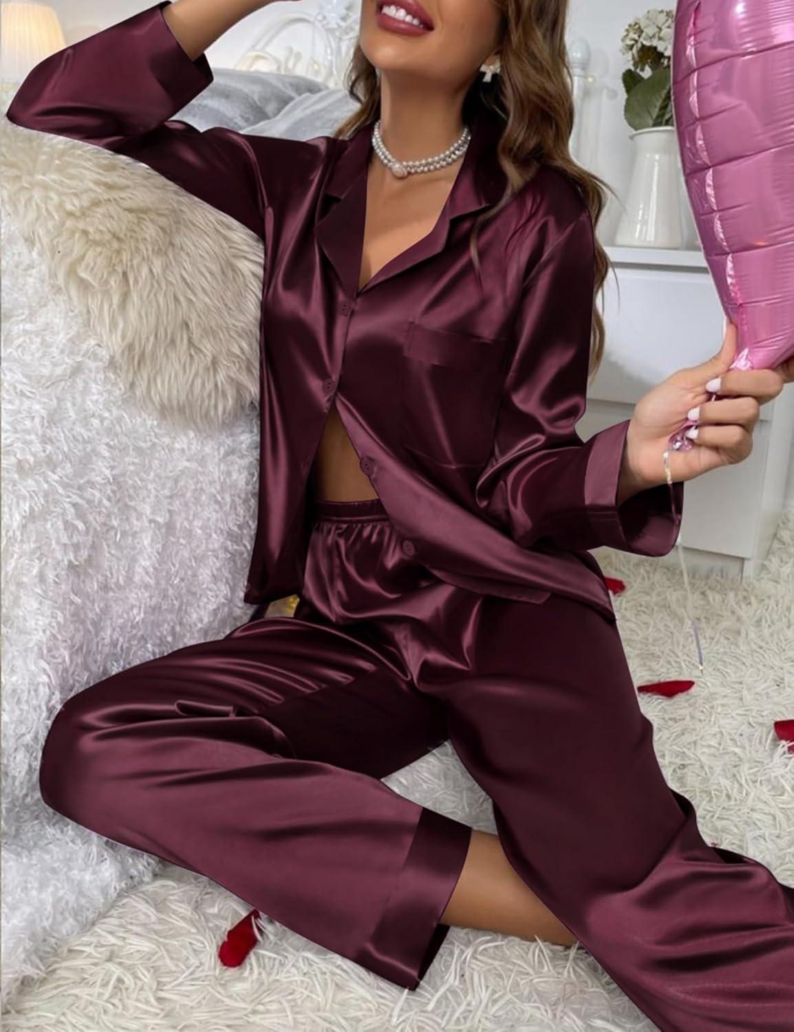 imageSWOMOG Long Sleeve Pajamas Set Silk Satin Sleepwear Button Down Pjs Loungewear with PocketDeep Wine Red