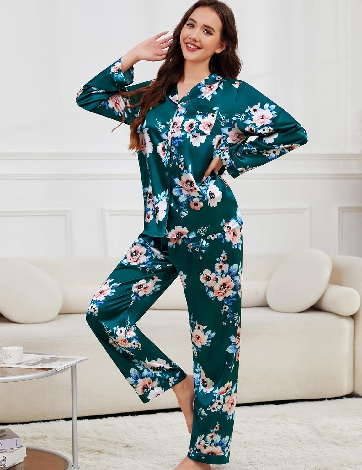 imageSWOMOG Long Sleeve Pajamas Set Silk Satin Sleepwear Button Down Pjs Loungewear with PocketGreen Floral