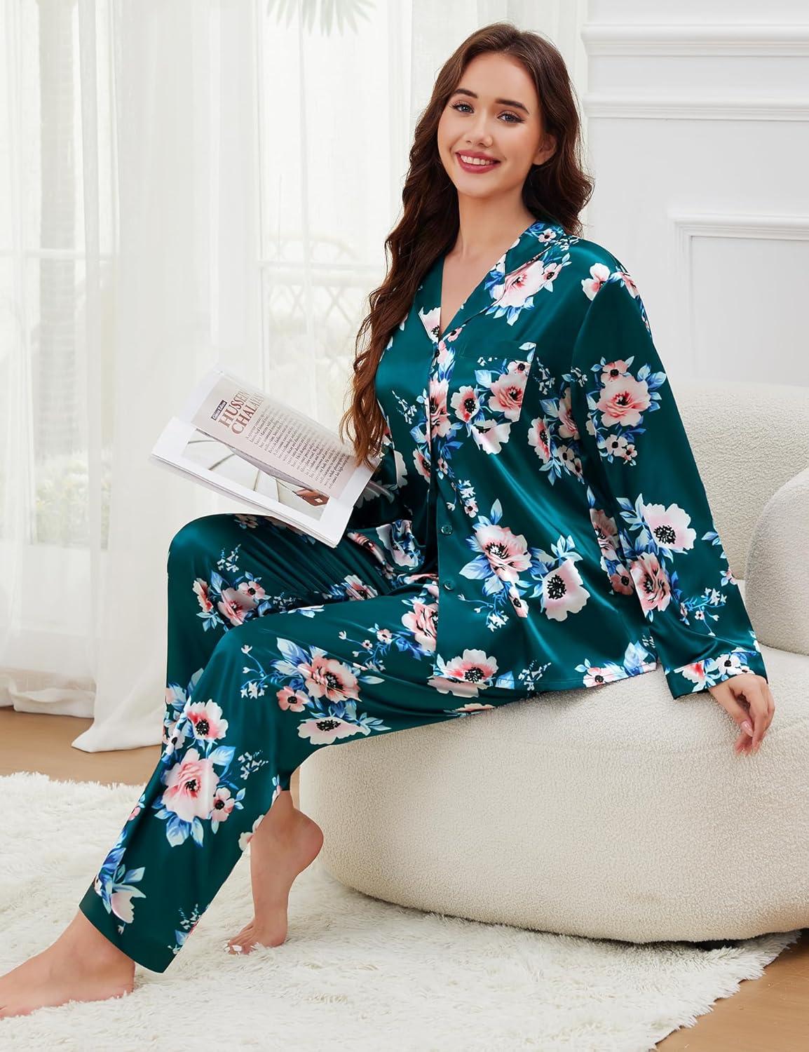 imageSWOMOG Long Sleeve Pajamas Set Silk Satin Sleepwear Button Down Pjs Loungewear with PocketGreen Floral