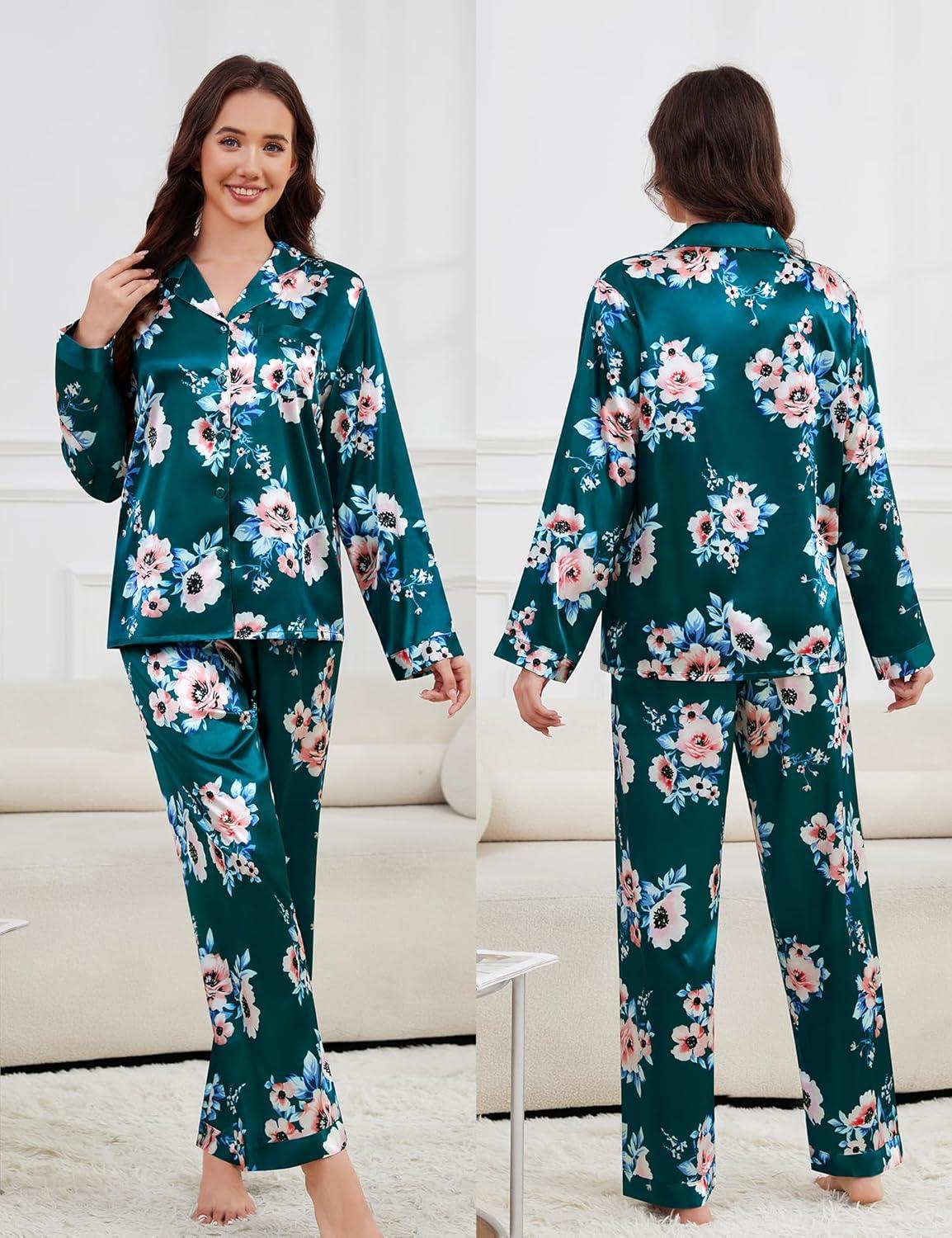 imageSWOMOG Long Sleeve Pajamas Set Silk Satin Sleepwear Button Down Pjs Loungewear with PocketGreen Floral