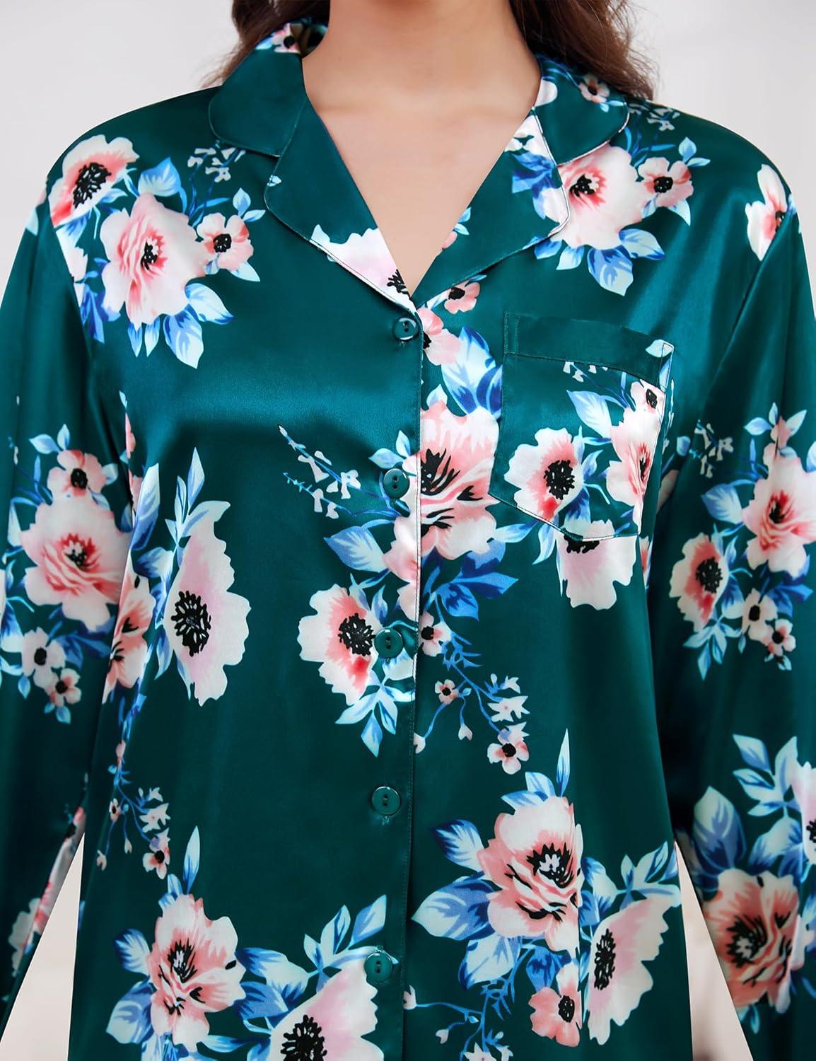 imageSWOMOG Long Sleeve Pajamas Set Silk Satin Sleepwear Button Down Pjs Loungewear with PocketGreen Floral