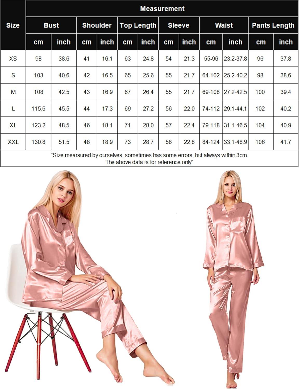 imageSWOMOG Long Sleeve Pajamas Set Silk Satin Sleepwear Button Down Pjs Loungewear with PocketMisty Rose