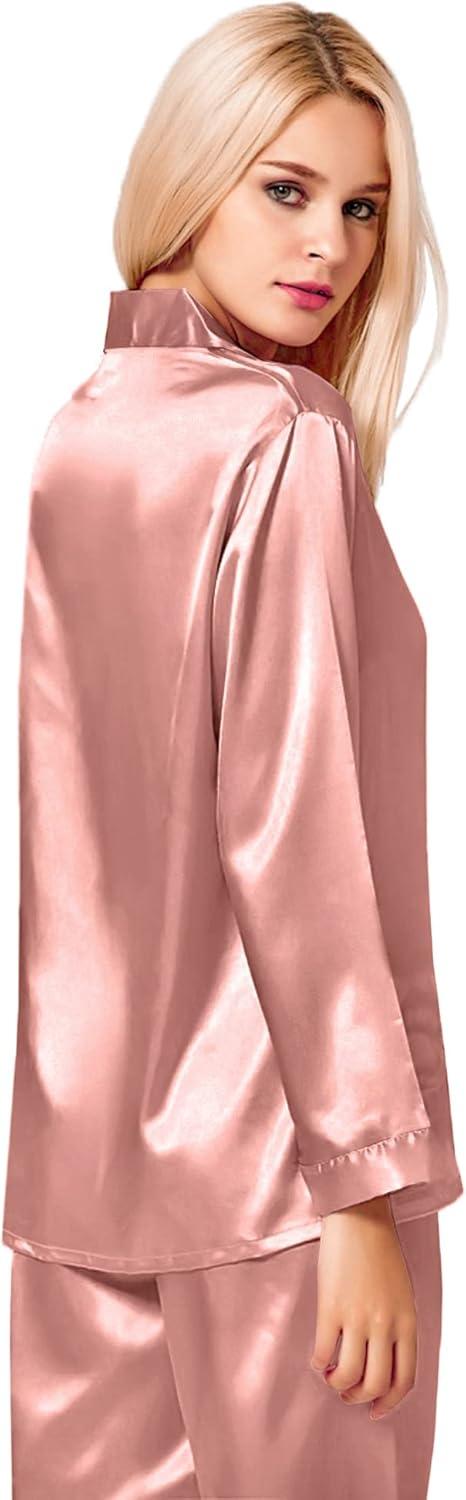 imageSWOMOG Long Sleeve Pajamas Set Silk Satin Sleepwear Button Down Pjs Loungewear with PocketMisty Rose