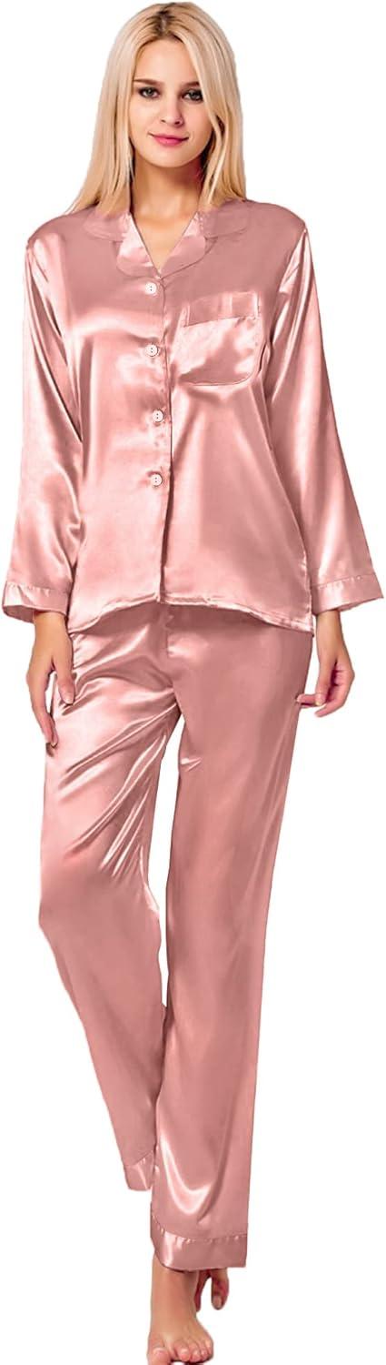 imageSWOMOG Long Sleeve Pajamas Set Silk Satin Sleepwear Button Down Pjs Loungewear with PocketMisty Rose