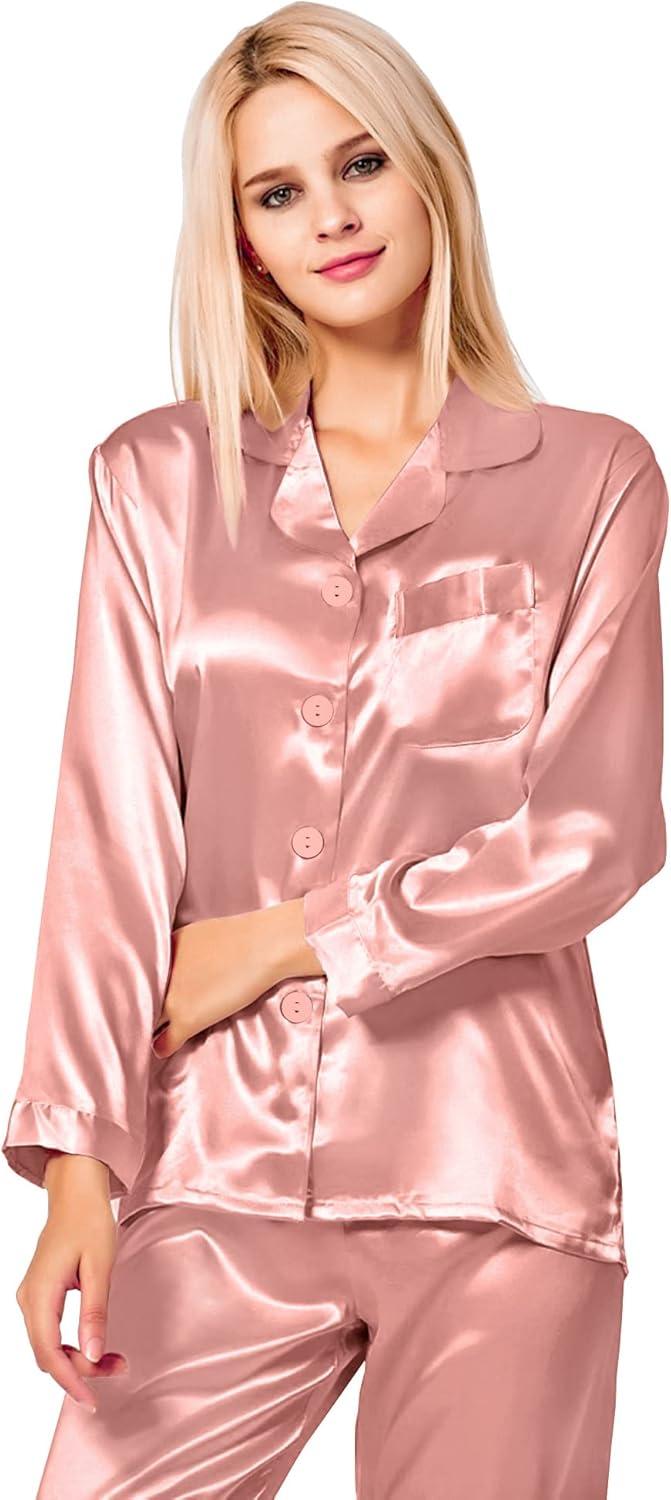 imageSWOMOG Long Sleeve Pajamas Set Silk Satin Sleepwear Button Down Pjs Loungewear with PocketMisty Rose