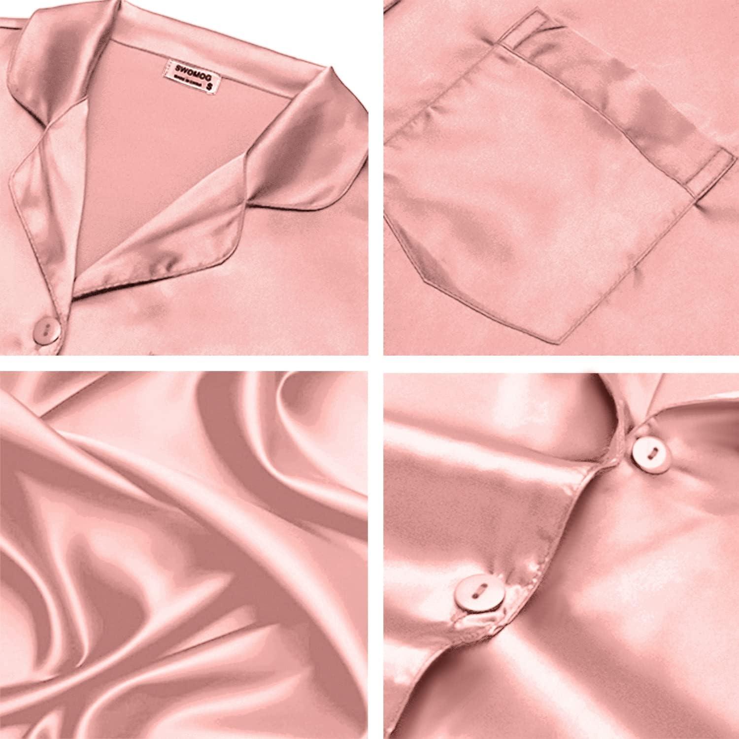 imageSWOMOG Long Sleeve Pajamas Set Silk Satin Sleepwear Button Down Pjs Loungewear with PocketMisty Rose