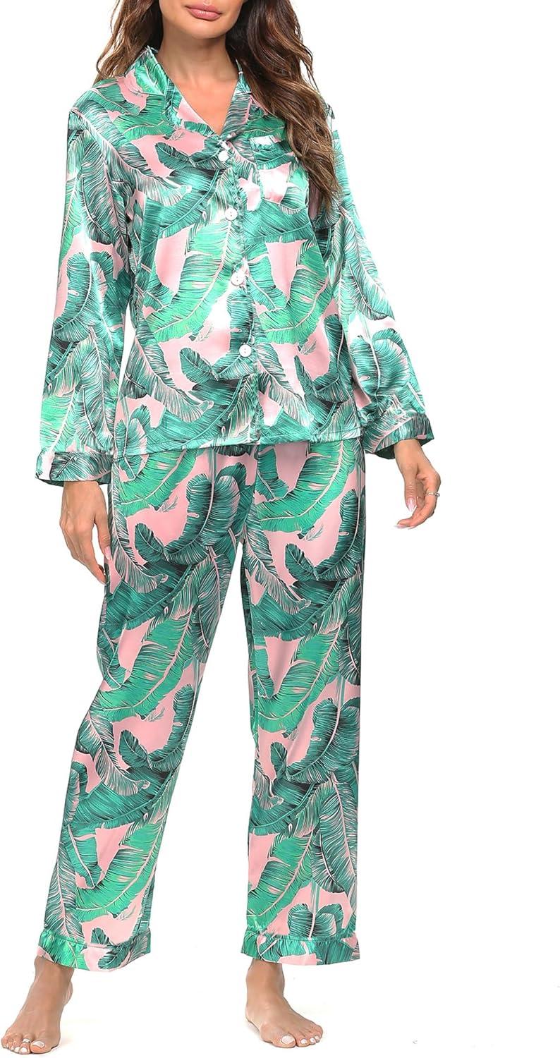 imageSWOMOG Long Sleeve Pajamas Set Silk Satin Sleepwear Button Down Pjs Loungewear with PocketPink Leaves