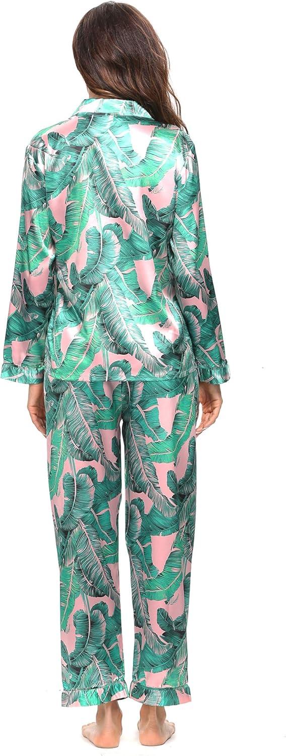 imageSWOMOG Long Sleeve Pajamas Set Silk Satin Sleepwear Button Down Pjs Loungewear with PocketPink Leaves